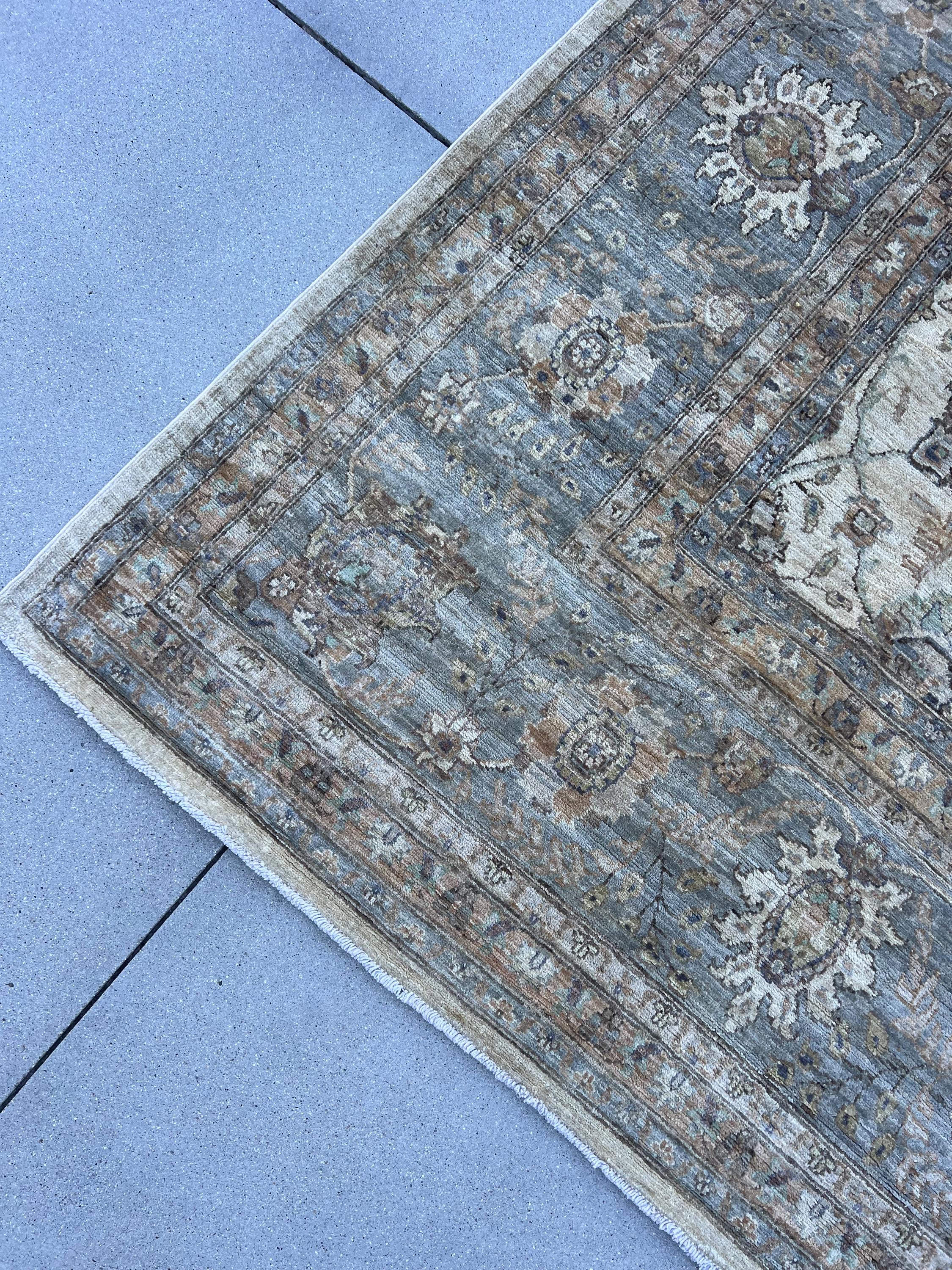 9x12 (274x365) Handmade Afghan Rug | Beige Charcoal Grey Sage Green Sky Blue Taupe | Wool Floral Persian Turkish Muted Neutral