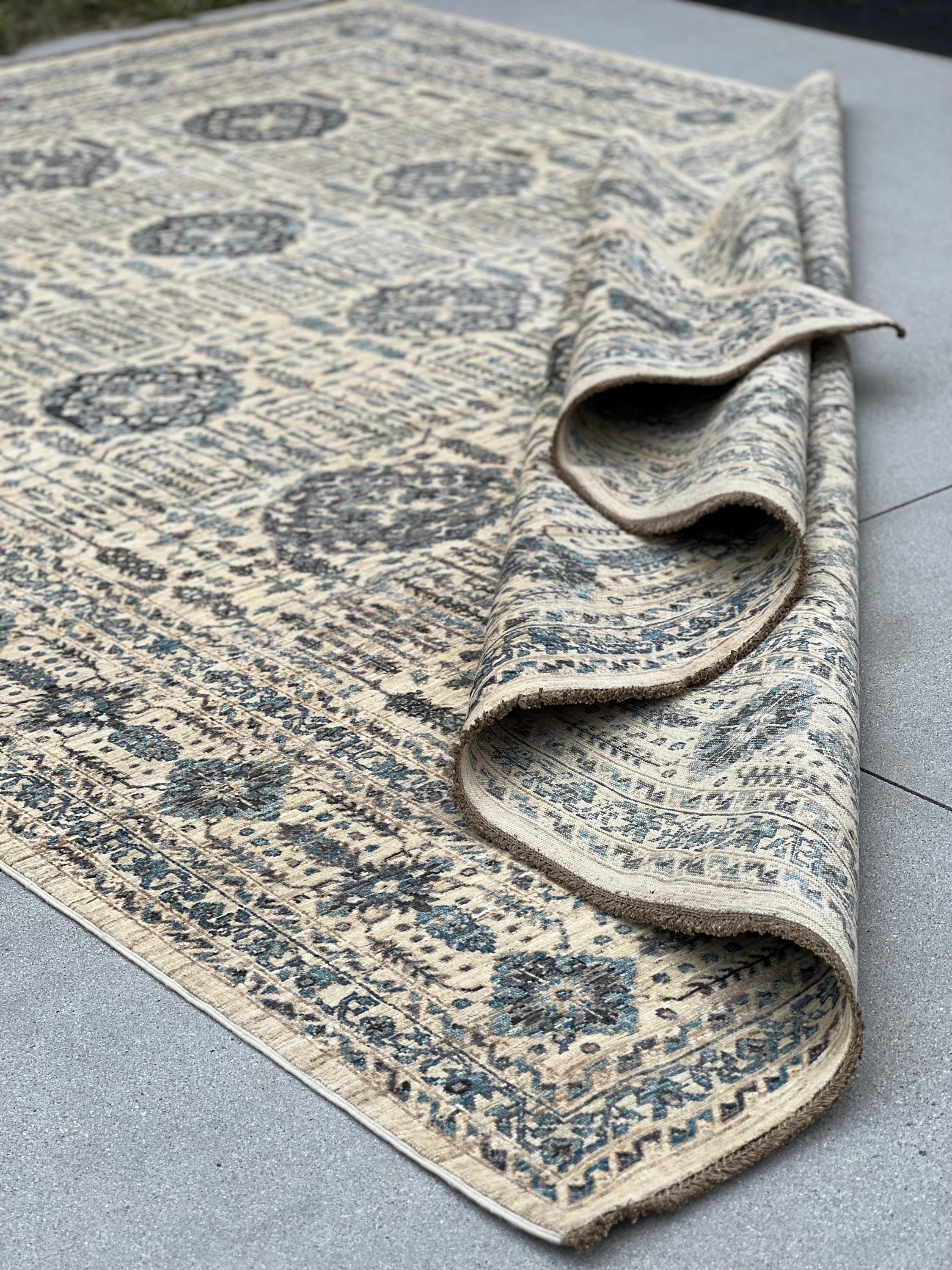 9x12 (274x365) Handmade Afghan Rug | Cream Beige Denim Sky Midnight Blue Taupe Grey Gray | Wool Floral Gul Cypress Trees Traditional