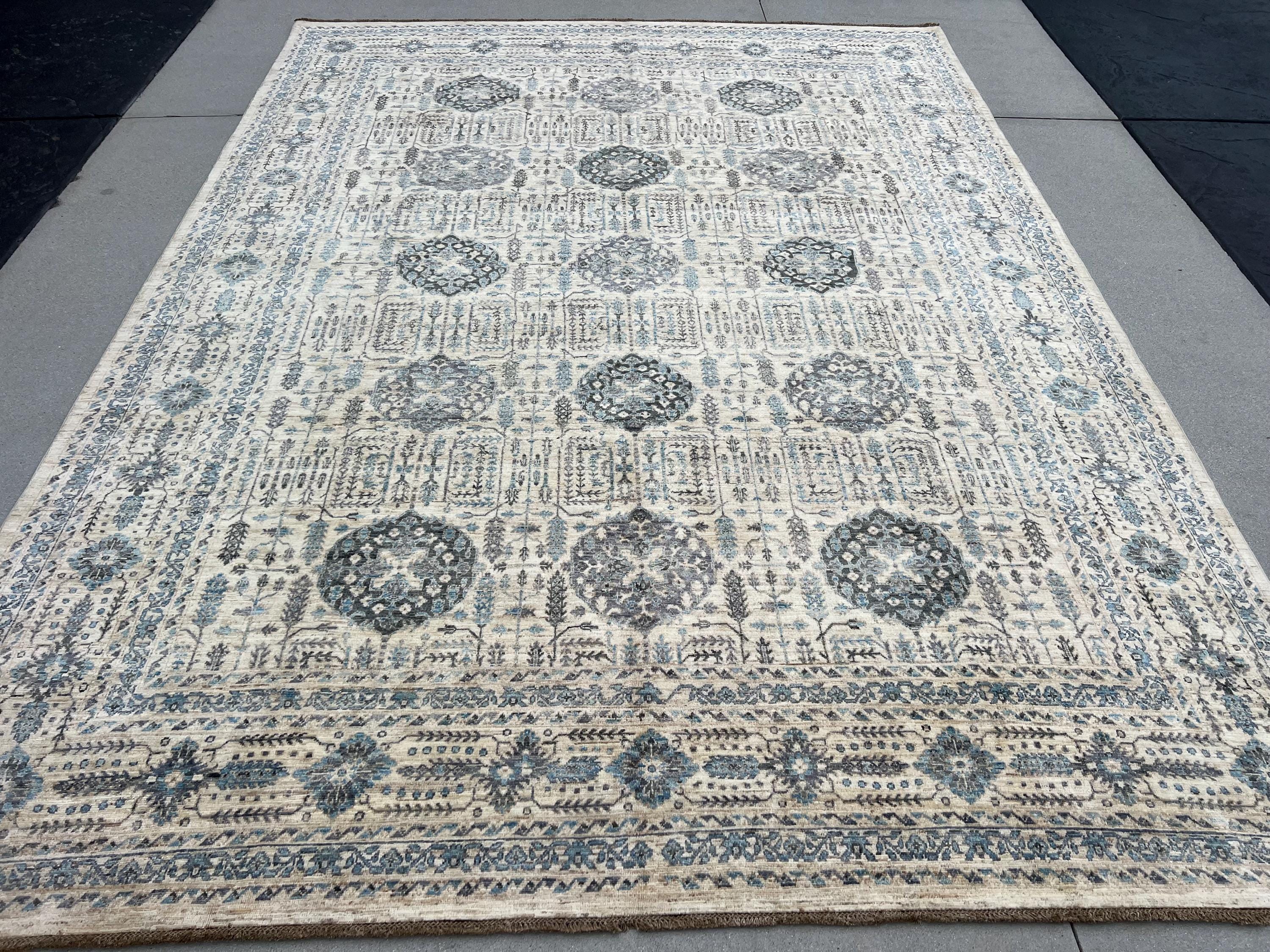 9x12 (274x365) Handmade Afghan Rug | Cream Beige Denim Sky Midnight Blue Taupe Grey Gray | Wool Floral Gul Cypress Trees Traditional