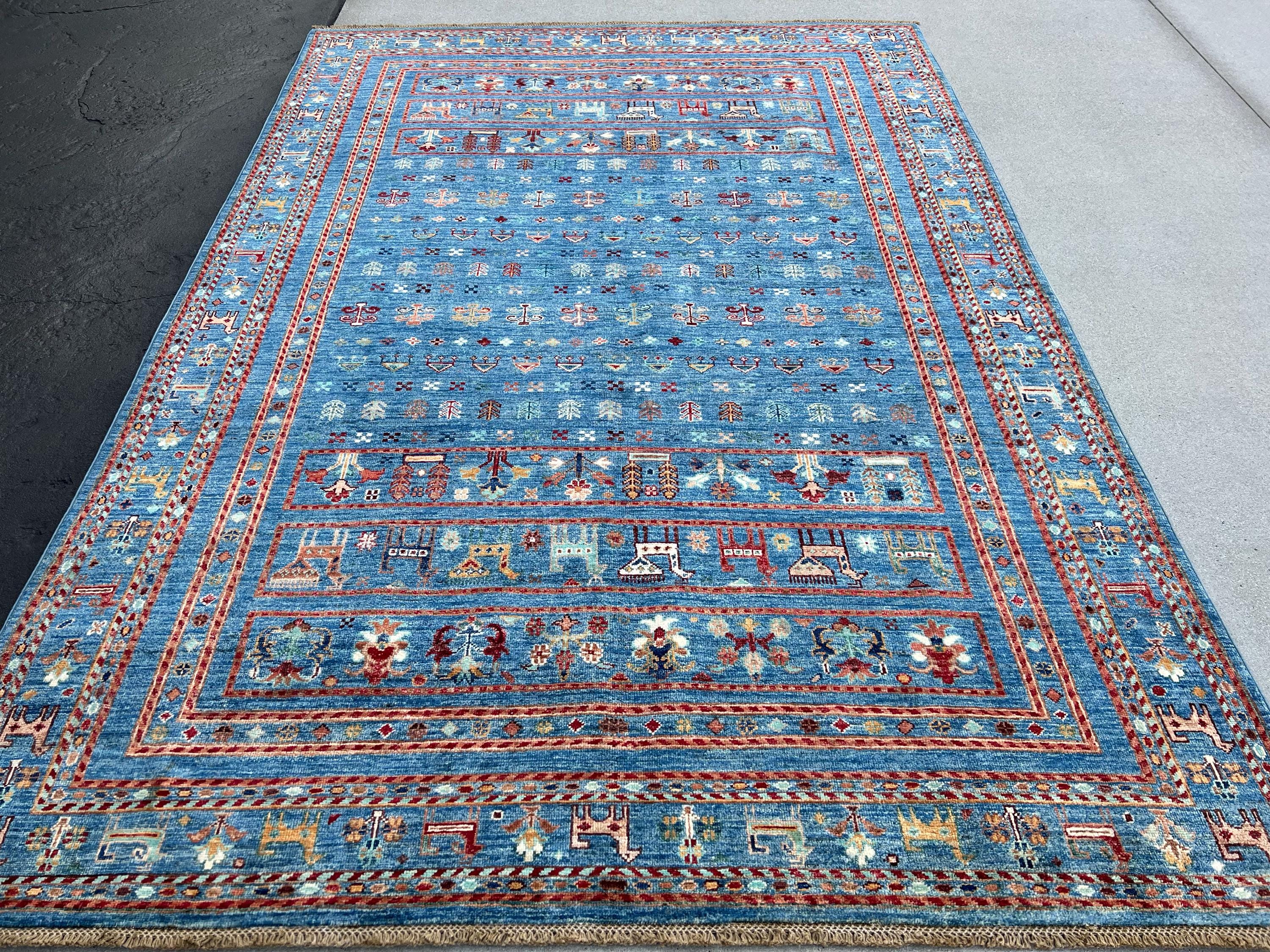 6x8 (180x245) Handmade Afghan Rug | Denim Blue Rust Orange Cream Yellow Sage Green Beige Charcoal Grey Burgundy Peach | Wool Gabbeh Animals