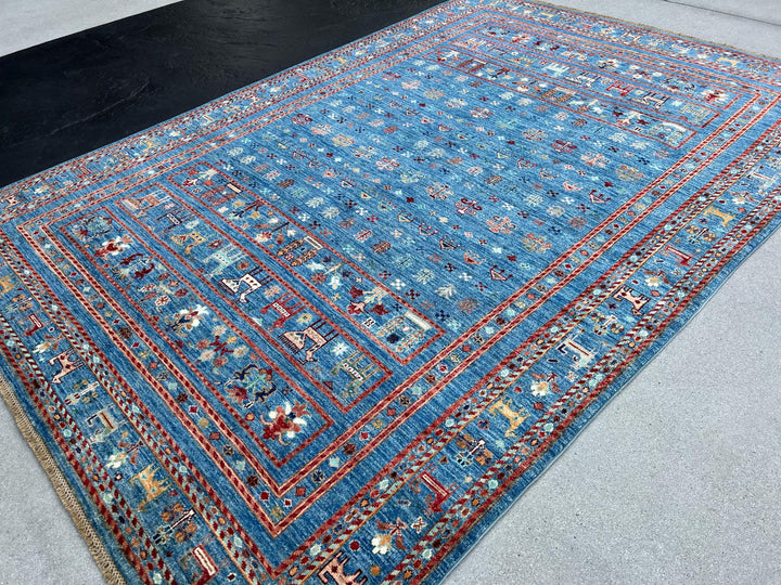 6x8 (180x245) Handmade Afghan Rug | Denim Blue Rust Orange Cream Yellow Sage Green Beige Charcoal Grey Burgundy Peach | Wool Gabbeh Animals