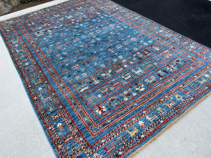 6x8 (180x245) Handmade Afghan Rug | Denim Blue Rust Orange Cream Yellow Sage Green Beige Charcoal Grey Burgundy Peach | Wool Gabbeh Animals