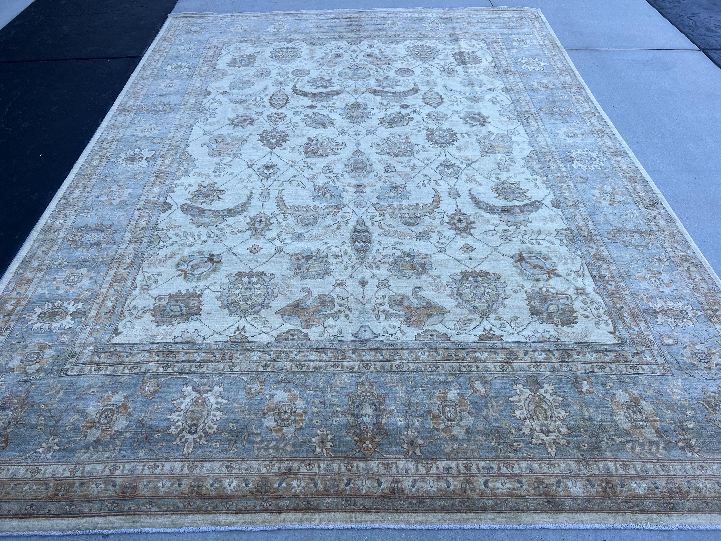 9x12 (274x365) Handmade Afghan Rug | Beige Charcoal Grey Sage Green Sky Blue Taupe | Wool Floral Persian Turkish Muted Neutral