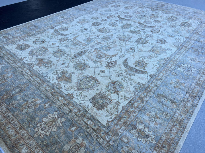 9x12 (274x365) Handmade Afghan Rug | Beige Charcoal Grey Sage Green Sky Blue Taupe | Wool Floral Persian Turkish Muted Neutral