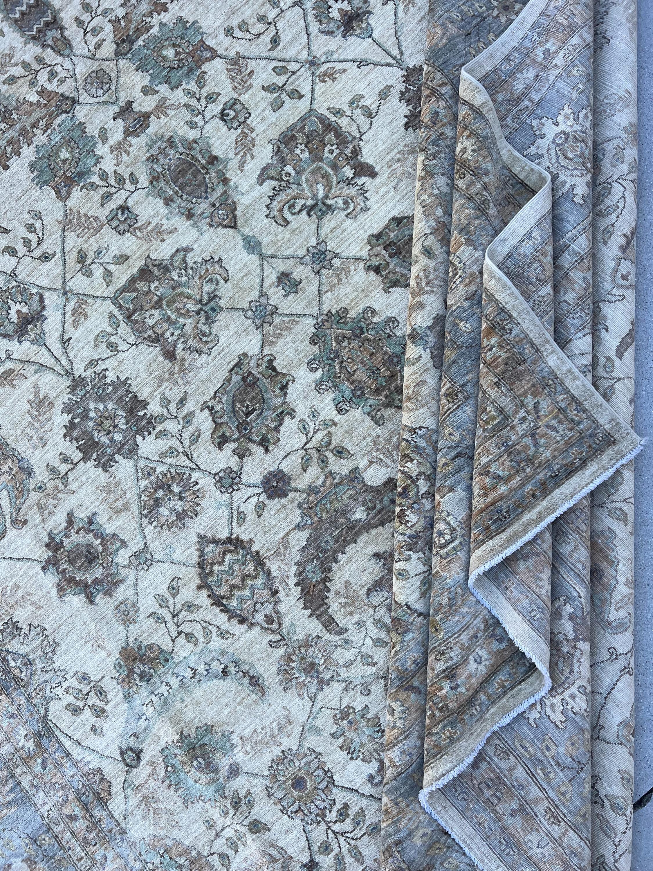 9x12 (274x365) Handmade Afghan Rug | Beige Charcoal Grey Sage Green Sky Blue Taupe | Wool Floral Persian Turkish Muted Neutral