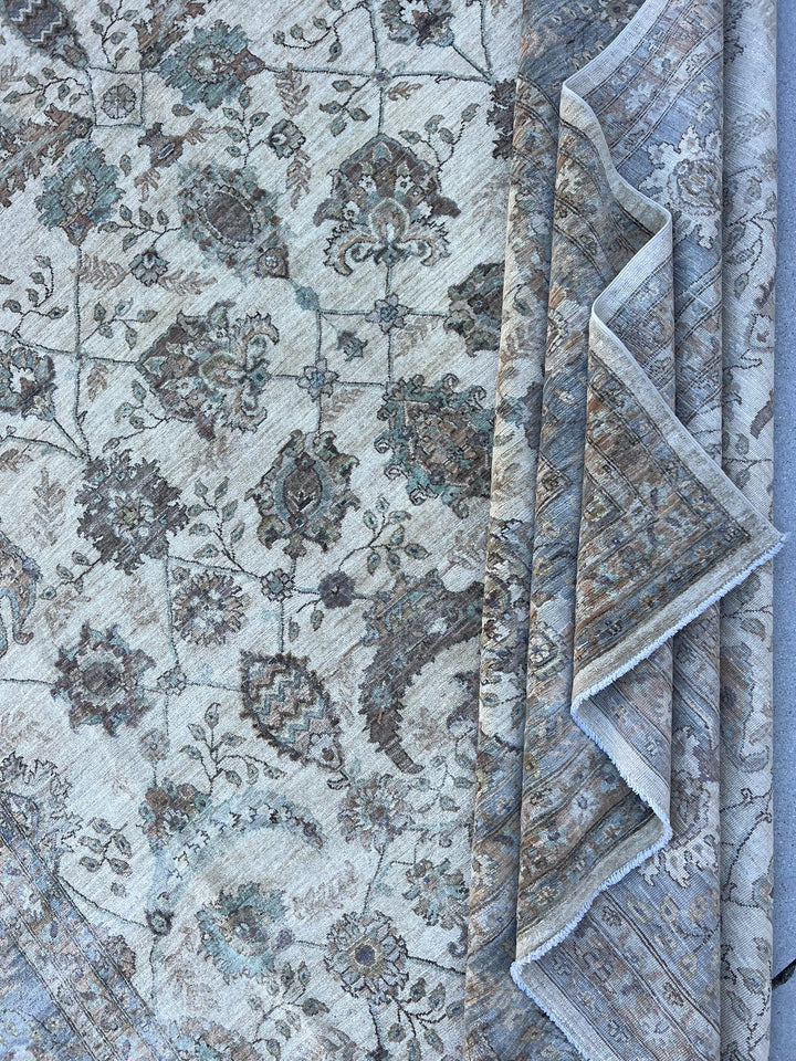 9x12 (274x365) Handmade Afghan Rug | Beige Charcoal Grey Sage Green Sky Blue Taupe | Wool Floral Persian Turkish Muted Neutral