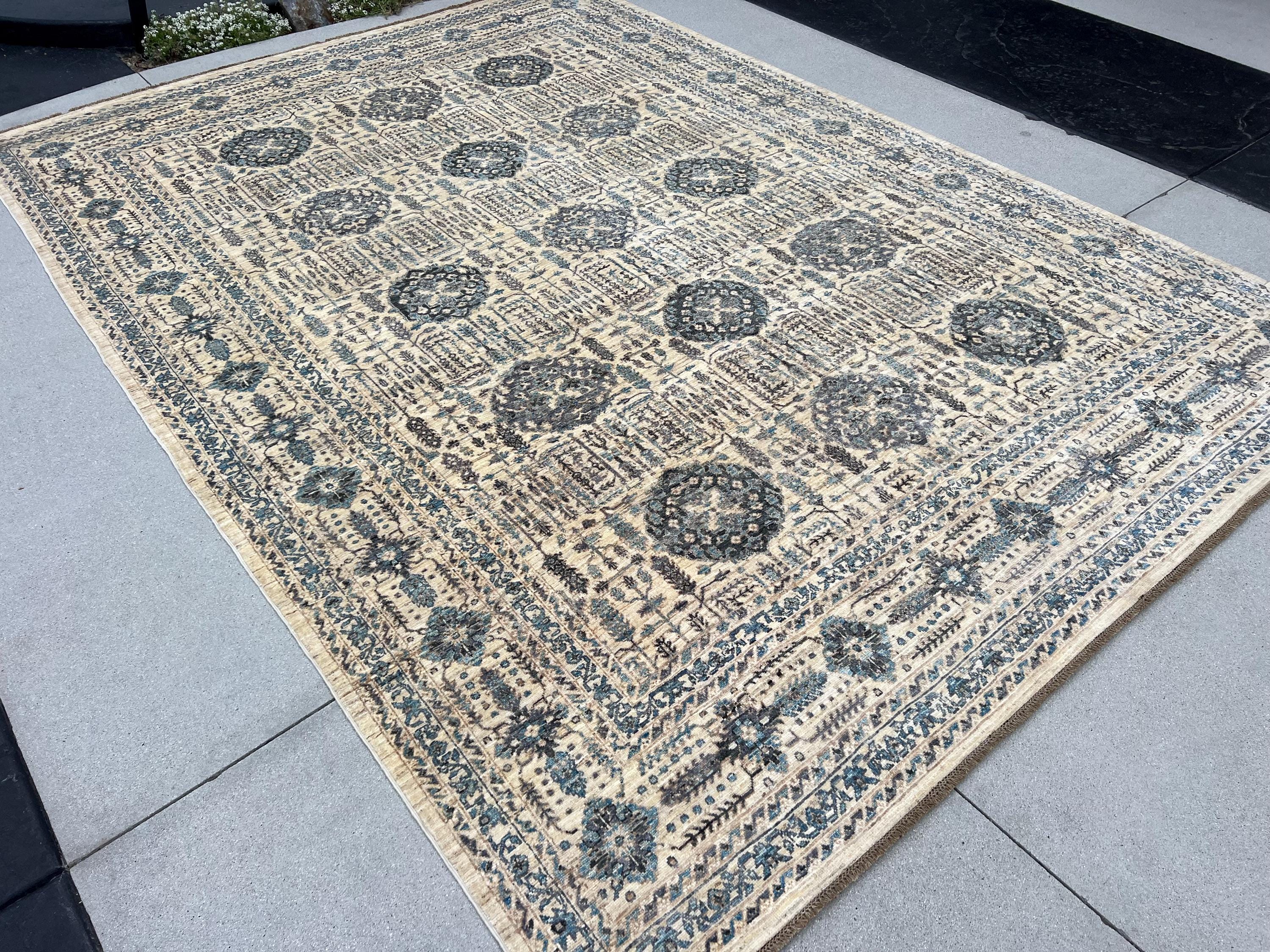 9x12 (274x365) Handmade Afghan Rug | Cream Beige Denim Sky Midnight Blue Taupe Grey Gray | Wool Floral Gul Cypress Trees Traditional