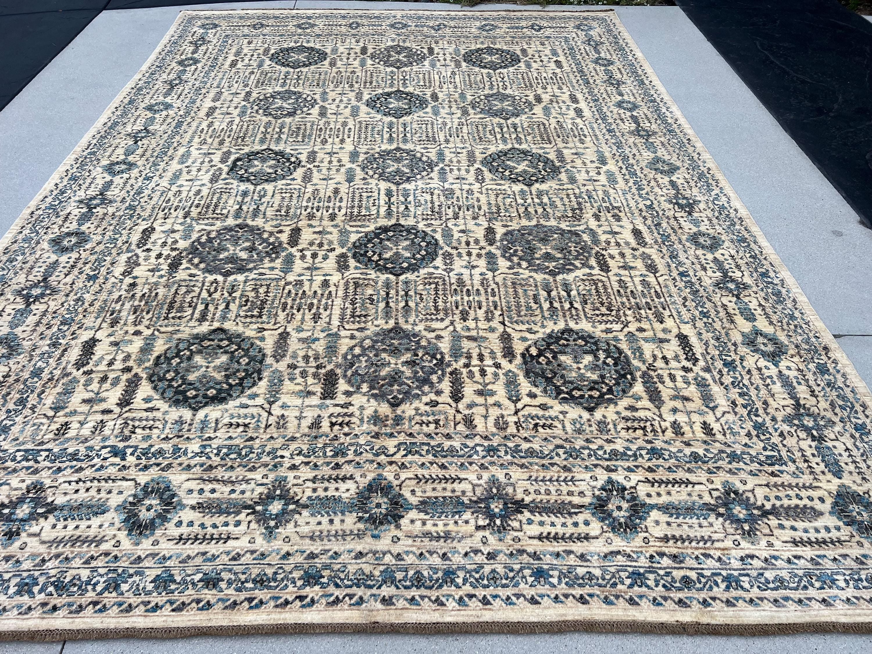 9x12 (274x365) Handmade Afghan Rug | Cream Beige Denim Sky Midnight Blue Taupe Grey Gray | Wool Floral Gul Cypress Trees Traditional