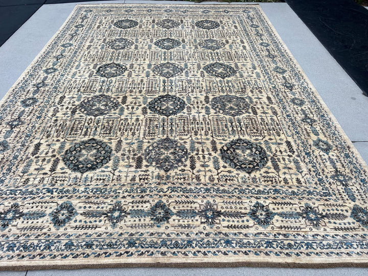 9x12 (274x365) Handmade Afghan Rug | Cream Beige Denim Sky Midnight Blue Taupe Grey Gray | Wool Floral Gul Cypress Trees Traditional