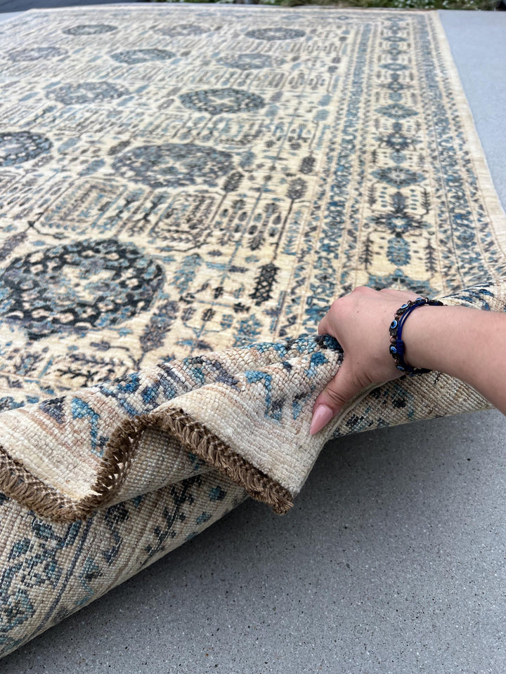 9x12 (274x365) Handmade Afghan Rug | Cream Beige Denim Sky Midnight Blue Taupe Grey Gray | Wool Floral Gul Cypress Trees Traditional