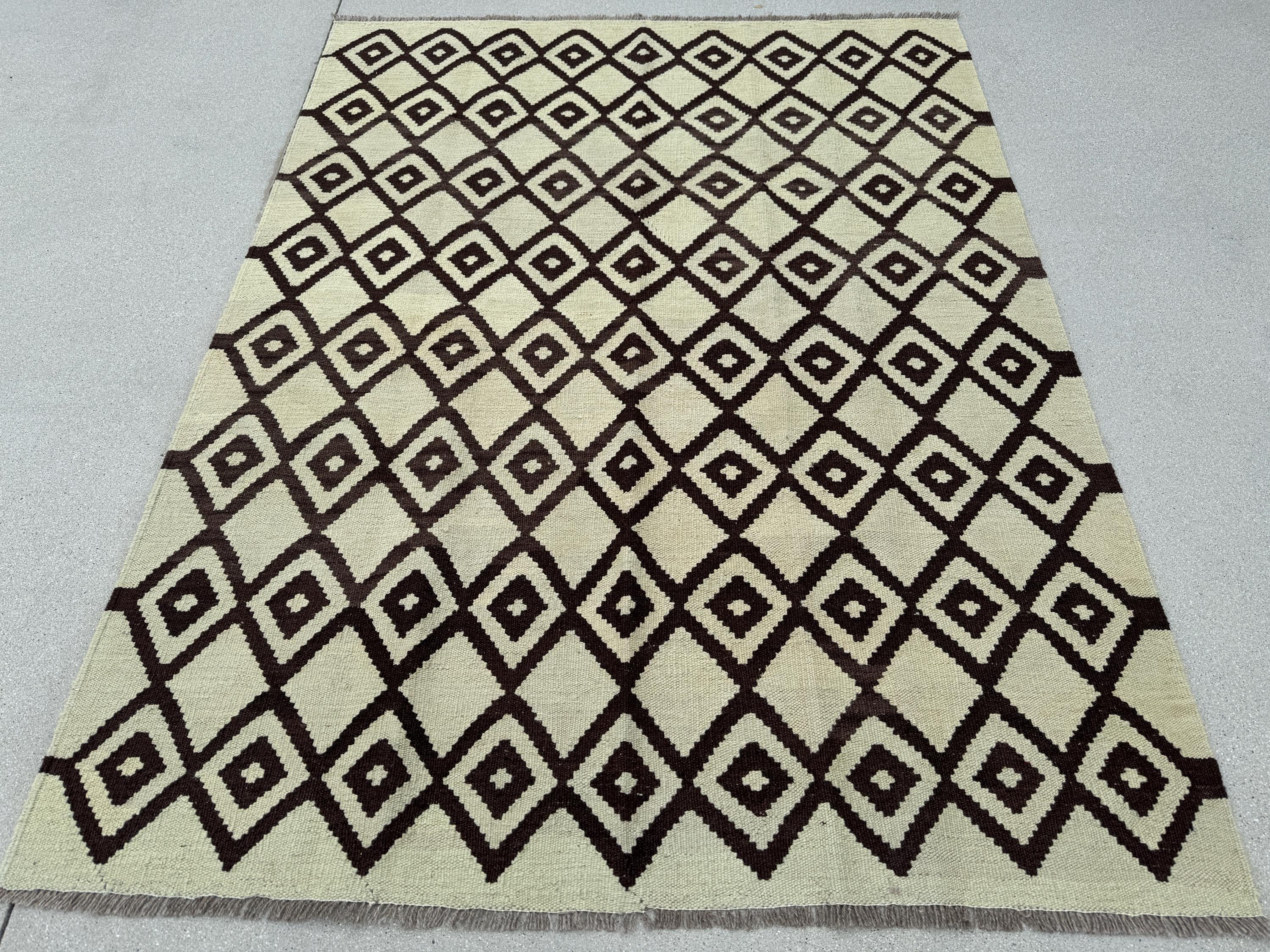 5x7 (150x200) Handmade Kilim Afghan Rug | Cream Ivory Beige Coffee Brown | Flatweave Tribal Nomadic Turkish Moroccan Outdoor Persian Wool