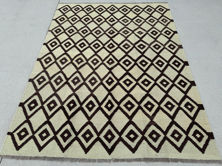 5x7 (150x200) Handmade Kilim Afghan Rug | Cream Ivory Beige Coffee Brown | Flatweave Tribal Nomadic Turkish Moroccan Outdoor Persian Wool