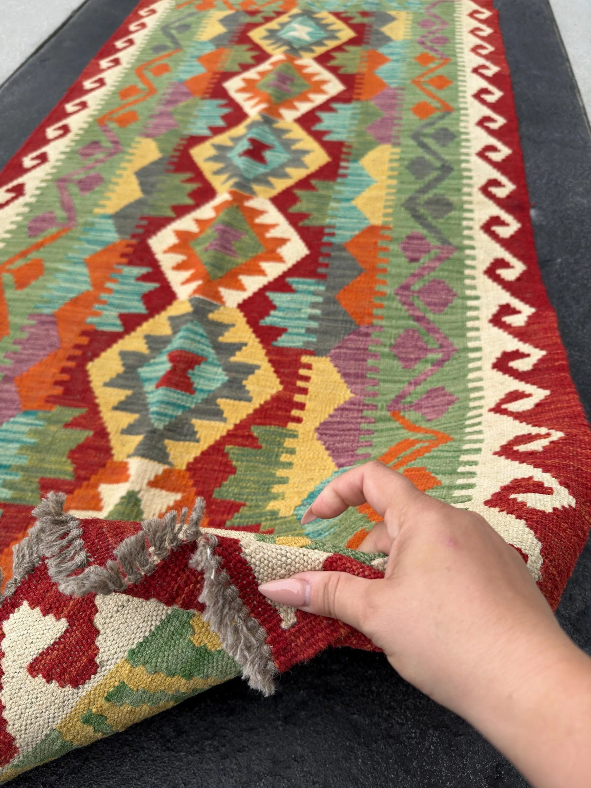 3x7 (100x200) Handmade Afghan Kilim Runner Rug | Crimson Blood Red Orange Ivory Purple Olive Moss Green Teal Grey | Flatweave Outdoor Wool