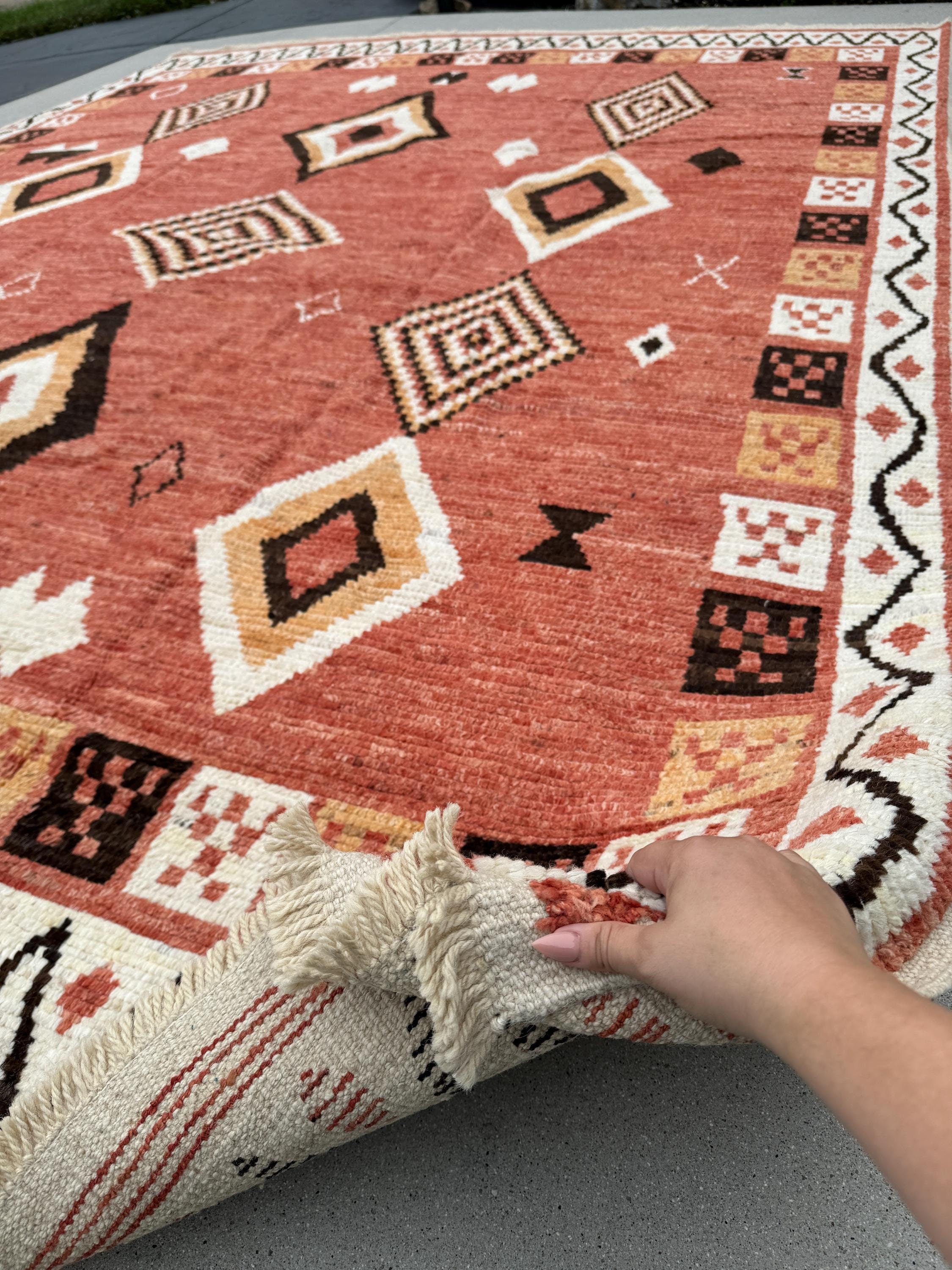 10x12 (305x365) Handmade Afghan Moroccan Rug | Terracotta Red Coral Saffron Orange Black Mustard Yellow White | Wool Hand Knotted Geometric