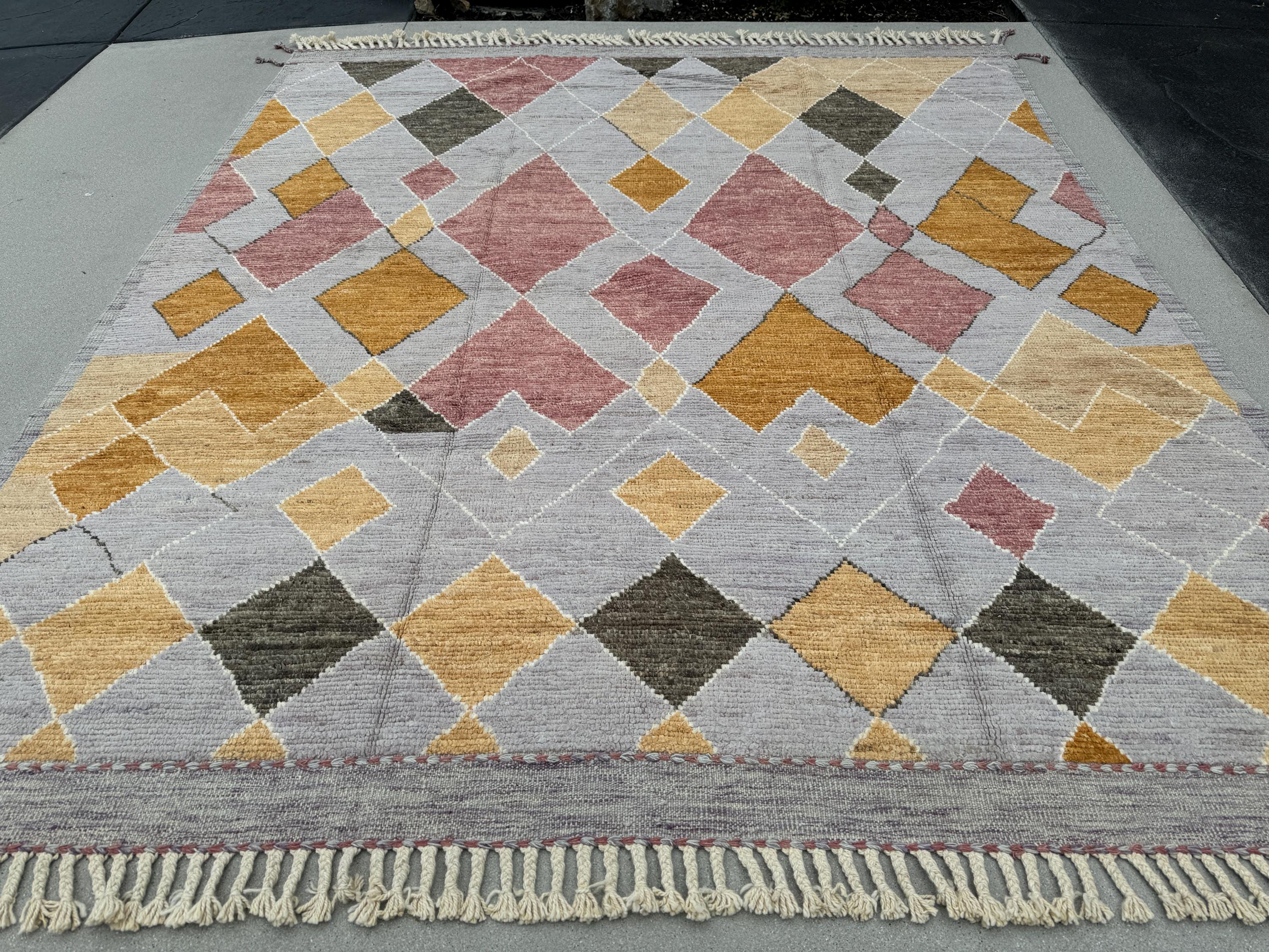 9x10 (275x305) Handmade Afghan Moroccan Rug | Grey Gray Charcoal White Rose Pink Mustard Yellow Beige Sand Brown | Wool Handwoven Geometric