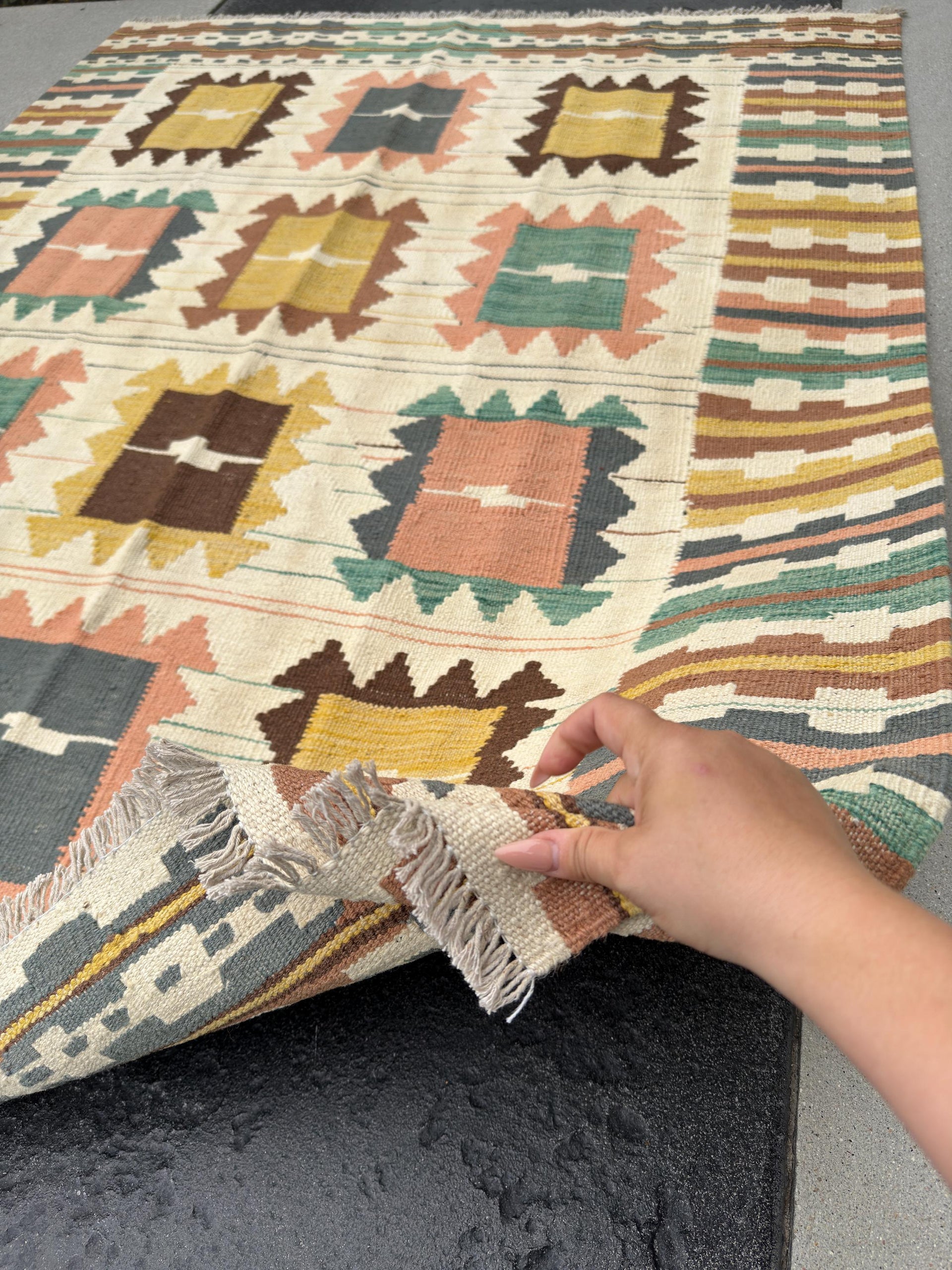 5x7 (150x200) Handmade Afghan Kilim Rug | Cream Beige Ivory Mustard Peach Teal Coffee Caramel Brown Grey | Flatweave Outdoor