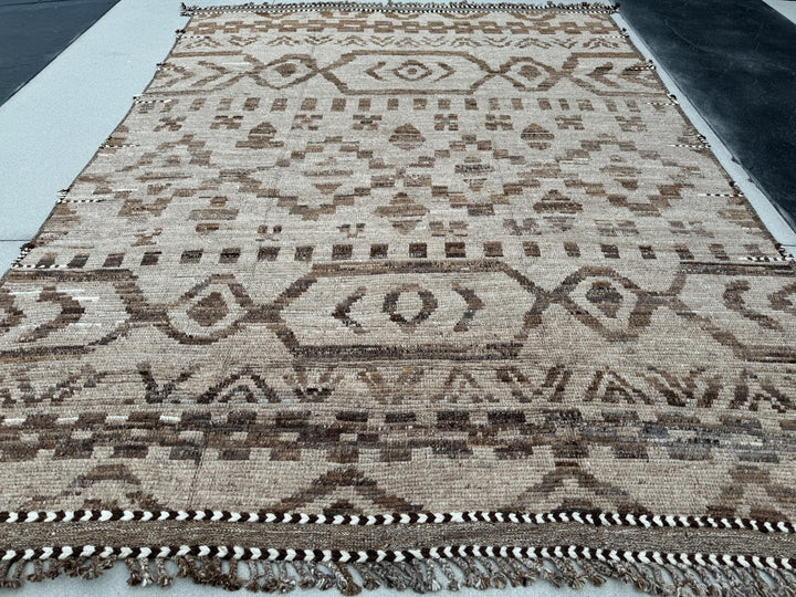 9x13 (274x396) Handmade Afghan Moroccan Rug | Neutral Earth Tones Beige Tan Sand Brown Black White | Wool Geometric Tribal Handknotted