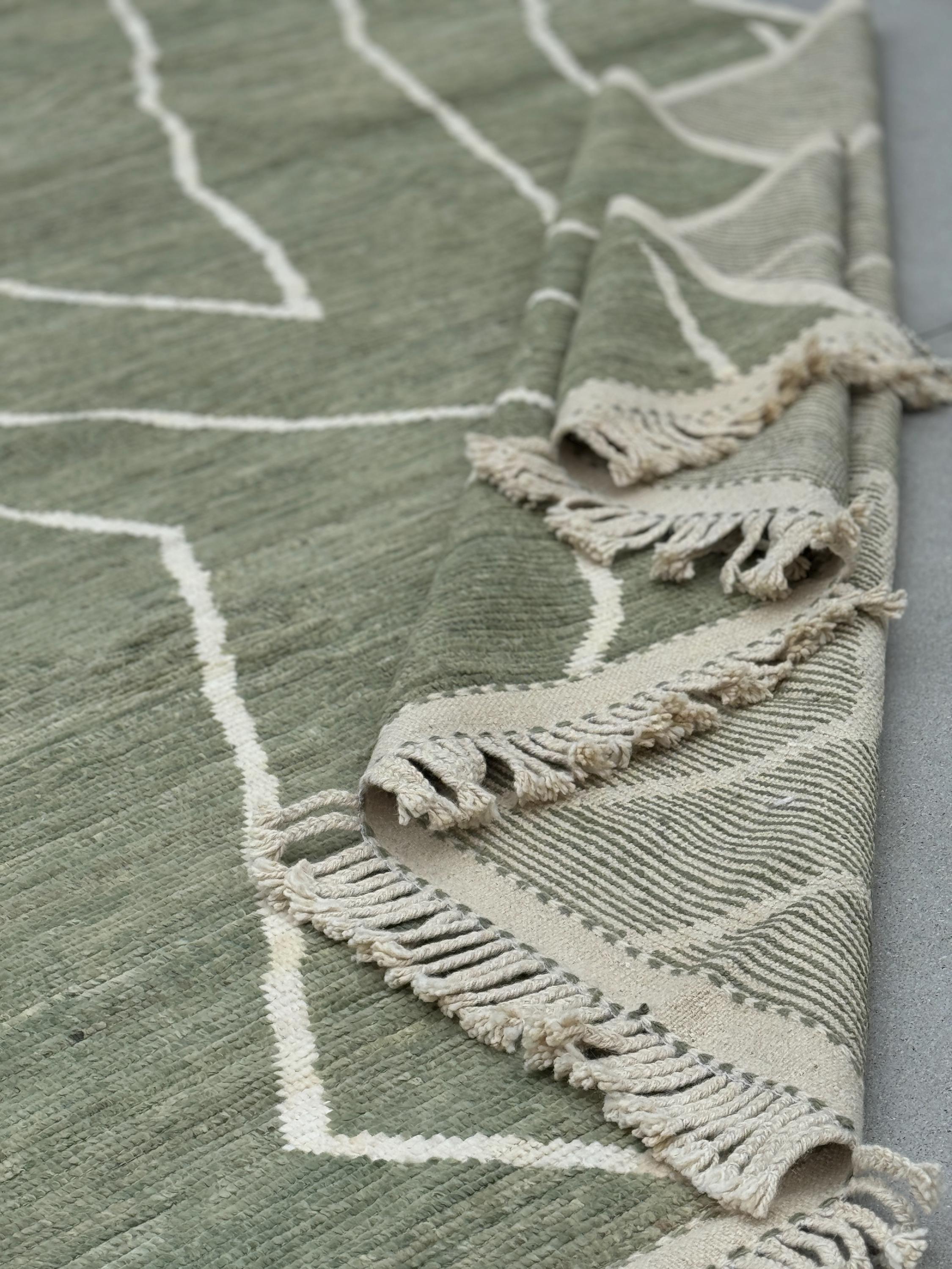 9x13 (274x395) Handmade Afghan Moroccan Rug | Sage Fern Green White Cream | Wool Handknotted Handwoven Abstract Geometric Zigzag