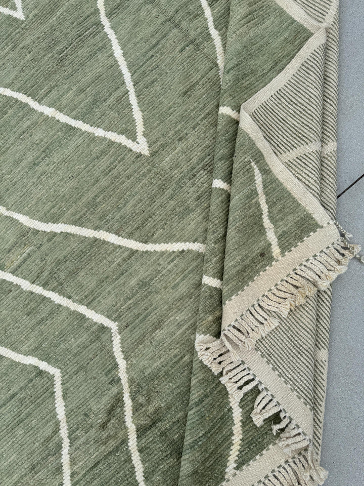 9x13 (274x395) Handmade Afghan Moroccan Rug | Sage Fern Green White Cream | Wool Handknotted Handwoven Abstract Geometric Zigzag