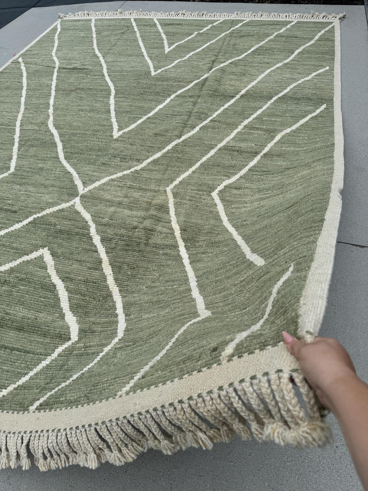 9x13 (274x395) Handmade Afghan Moroccan Rug | Sage Fern Green White Cream | Wool Handknotted Handwoven Abstract Geometric Zigzag