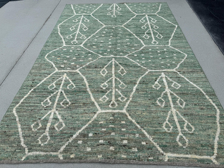 6x9 (180x274) Handmade Afghan Moroccan Rug | Sage Fern Green White Cream | Wool Hand Knotted Berber Beni Plush Wool Flokati Tufted