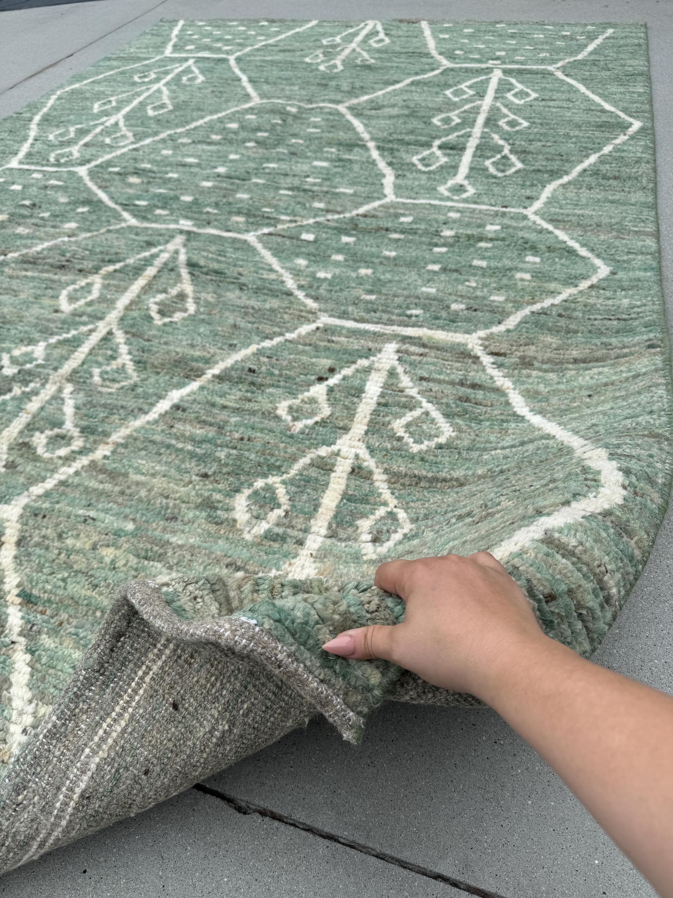 6x9 (180x274) Handmade Afghan Moroccan Rug | Sage Fern Green White Cream | Wool Hand Knotted Berber Beni Plush Wool Flokati Tufted