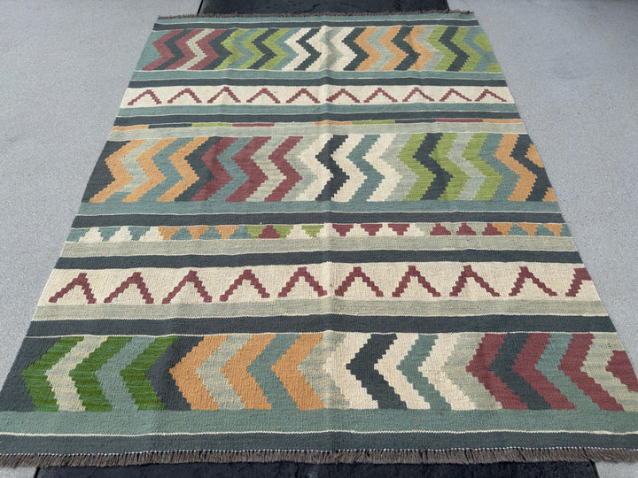 6x8 Handmade Afghan Kilim Rug | Cream Beige Ivory Fern Moss Sage Army Green Bronze Copper Chocolate Brown Grey | Flatweave Tribal Outdoor