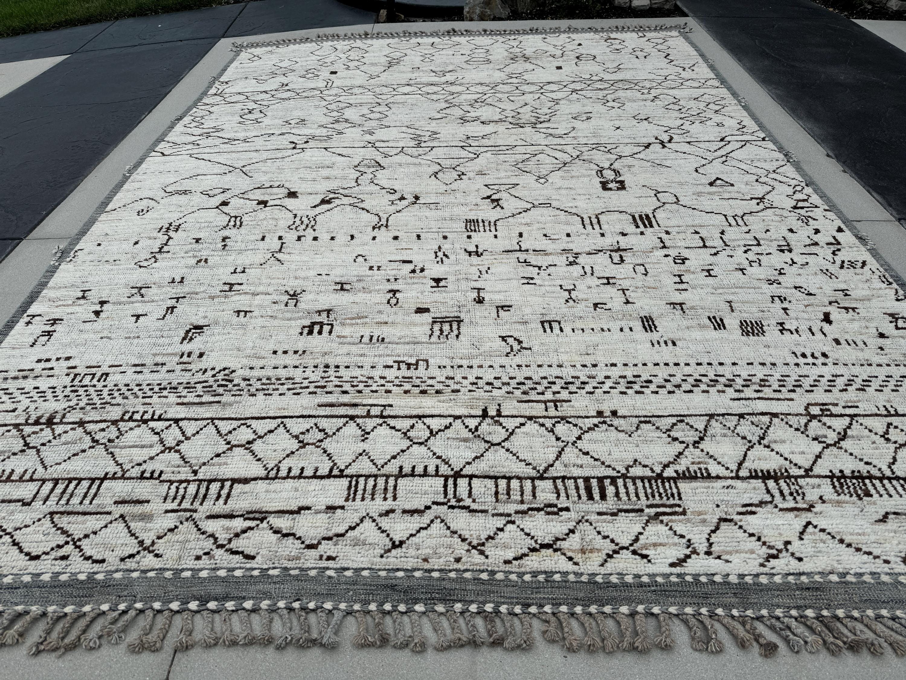 11x15 (335x457) Handmade Afghan Moroccan Rug | Cream White Ivory Grey Black | Wool Hand Knotted Plush Flokati Braided Zigzag Abstract