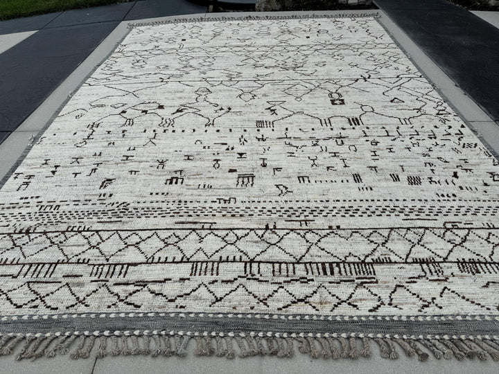 11x15 (335x457) Handmade Afghan Moroccan Rug | Cream White Ivory Grey Black | Wool Hand Knotted Plush Flokati Braided Zigzag Abstract