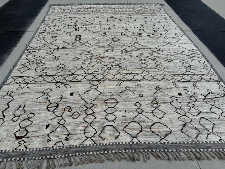 11x15 (335x457) Handmade Afghan Moroccan Rug | Cream White Ivory Grey Black | Wool Hand Knotted Plush Flokati Braided Zigzag Abstract