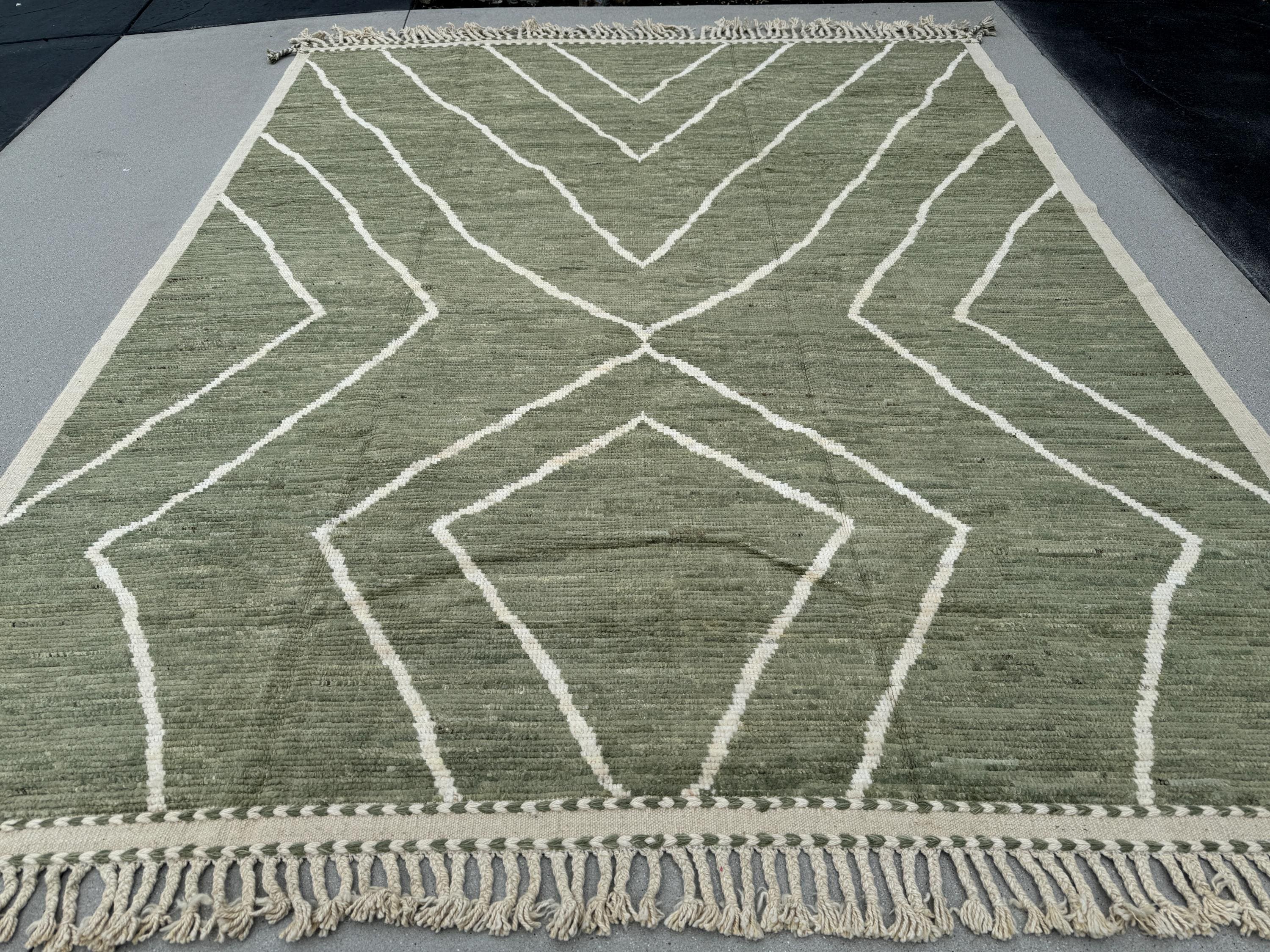 9x11 (274x335) Handmade Afghan Moroccan Rug | Sage Fern Green White Cream Ivory | Berber Beni Plush Turkish Wool Flokati Bohemian Persian