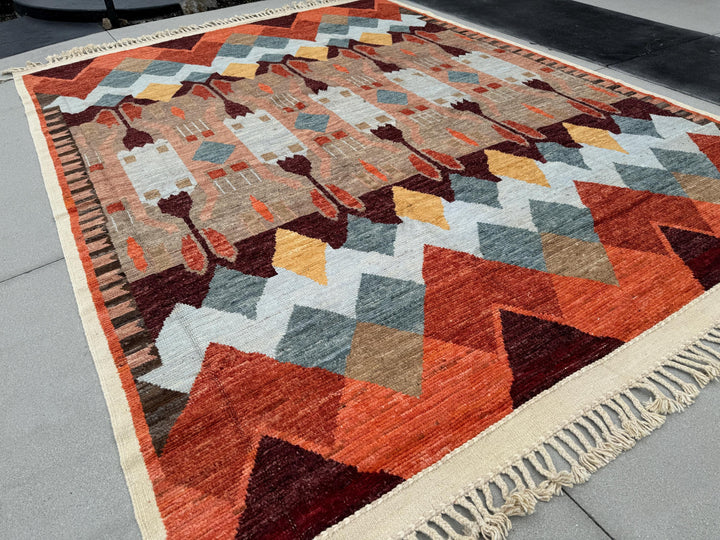 10x14-15 (305x174) Handmade Afghan Moroccan Rug | Orange Auburn Burgundy Maroon White Grey Beige Sand Coral Yellow Cream | Wool Hand Knotted