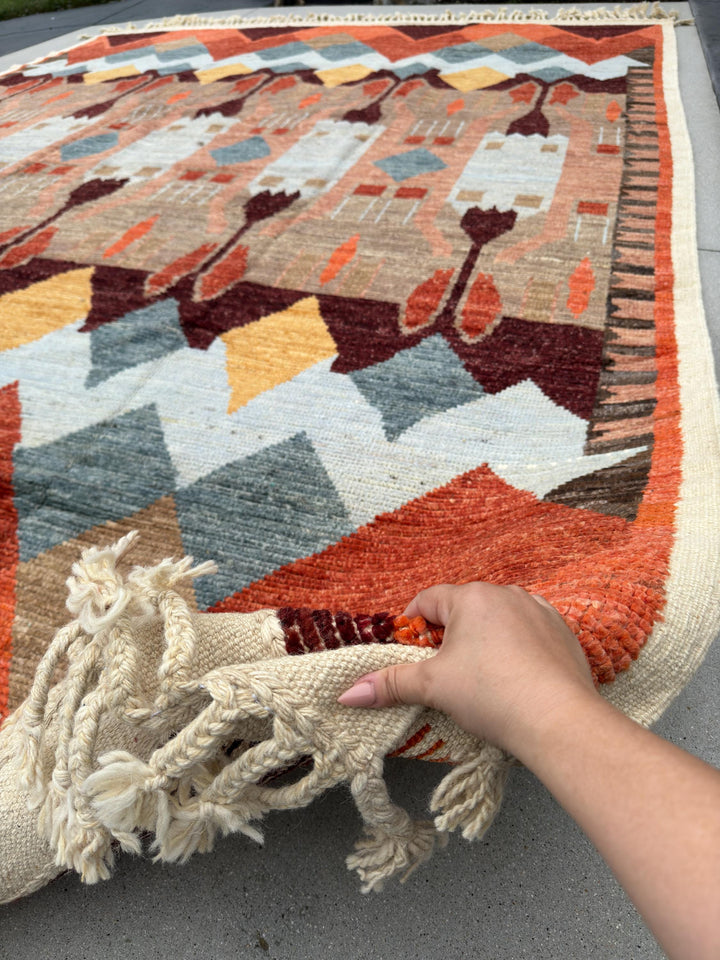 10x14-15 (305x174) Handmade Afghan Moroccan Rug | Orange Auburn Burgundy Maroon White Grey Beige Sand Coral Yellow Cream | Wool Hand Knotted