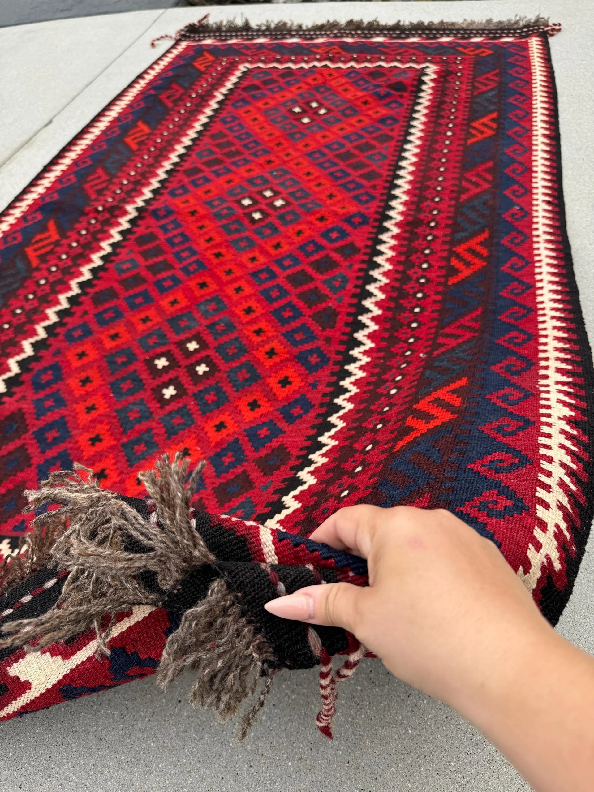4x6 - 4x7 Handmade Afghan Kilim Rug | Cherry Crimson Red Maroon Chocolate Brown Black Ivory Coral Orange Navy Blue | Flatweave Wool Tribal