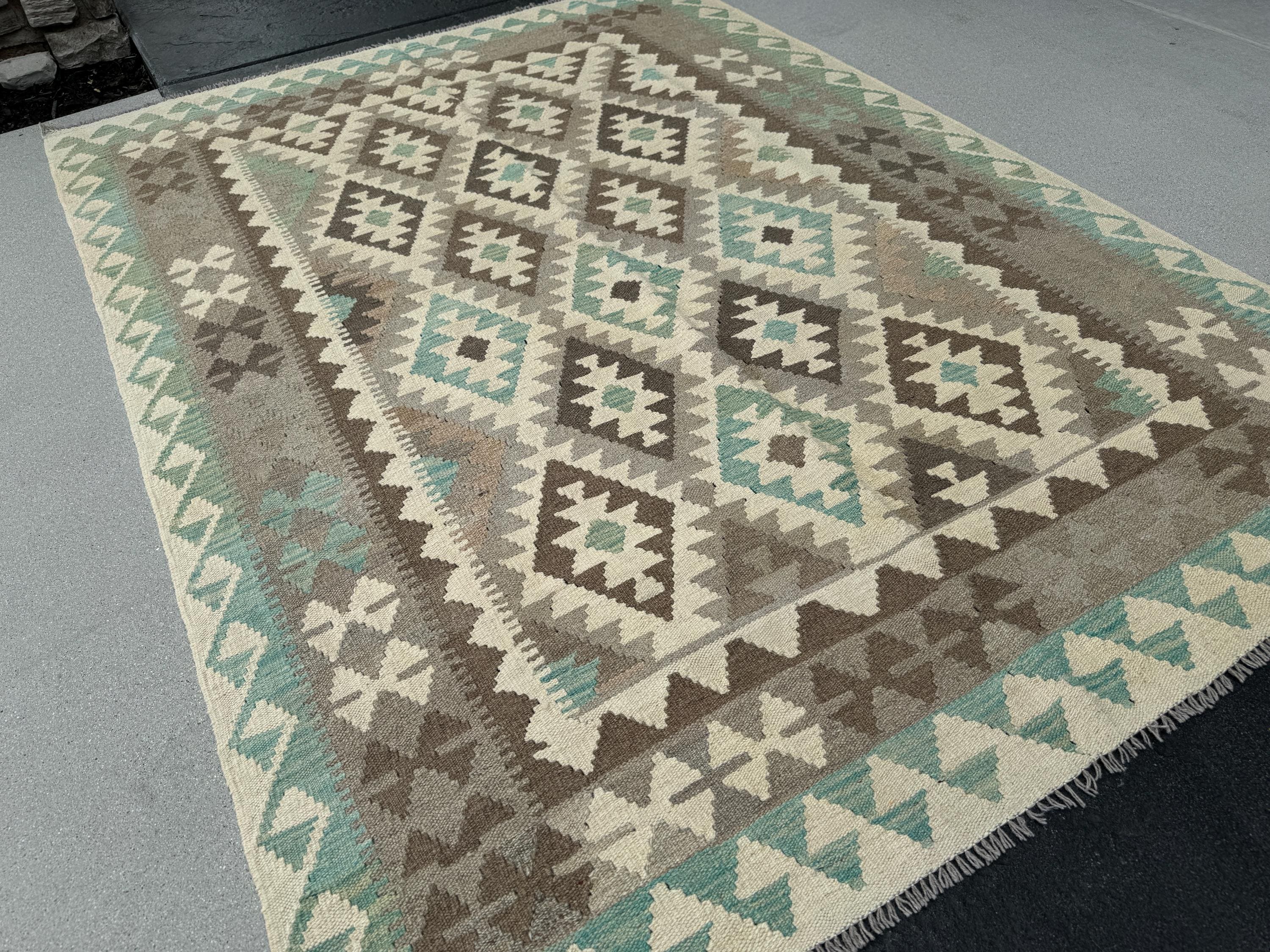 6x8 (180x245) Handmade Afghan Kilim Rug | Cream Beige Taupe Tan Chocolate Brown Teal Grey | Flatweave Traditional Wool Oushak