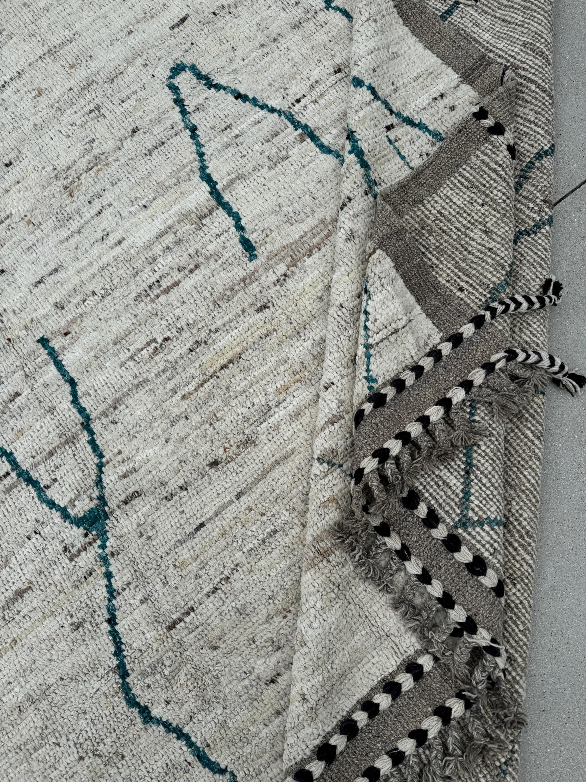 10x13 (305x400) Handmade Afghan Moroccan Rug | Neutral Cream White Teal Turquoise Black White Ivory Grey Gray | Wool Plush Abstract Berber