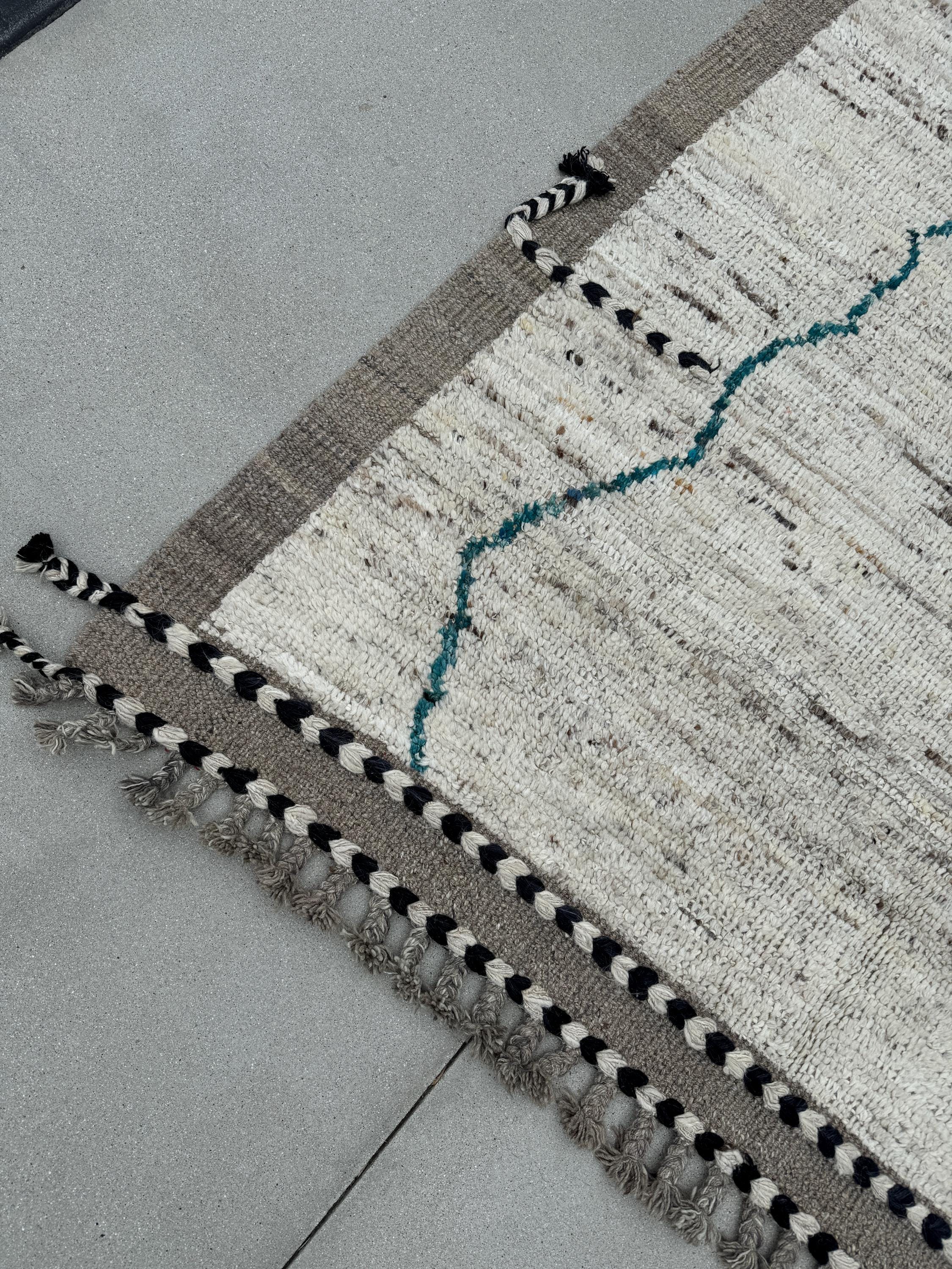 10x13 (305x400) Handmade Afghan Moroccan Rug | Neutral Cream White Teal Turquoise Black White Ivory Grey Gray | Wool Plush Abstract Berber