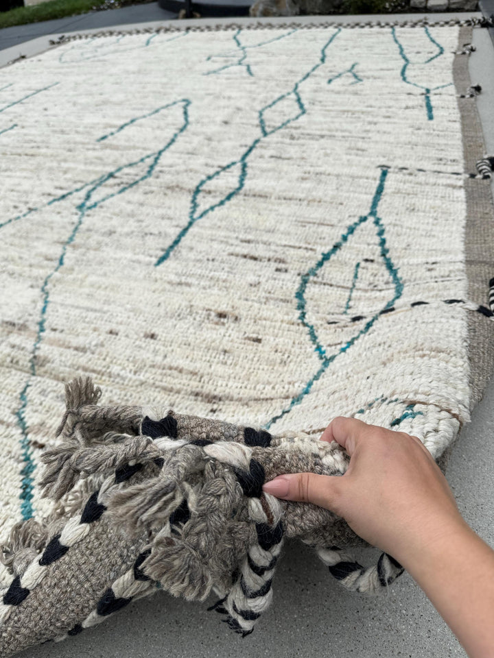 10x13 (305x400) Handmade Afghan Moroccan Rug | Neutral Cream White Teal Turquoise Black White Ivory Grey Gray | Wool Plush Abstract Berber