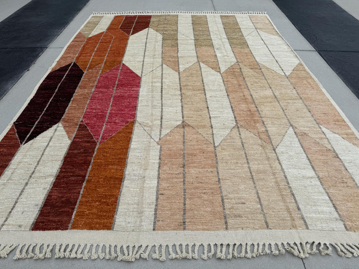 10x14 (305x425) Handmade Afghan Moroccan Rug | Cream Beige Sand Brown Grey Burnt Orange Maroon Burgundy Rose Pink | Wool Berber