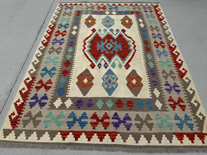 5x7 (150x200) Handmade Kilim Afghan Rug | Cream Khaki Ivory Tan Brown Burnt Orange Teal Denim Blue Purple Grey Gray | Flatweave Oushak Wool