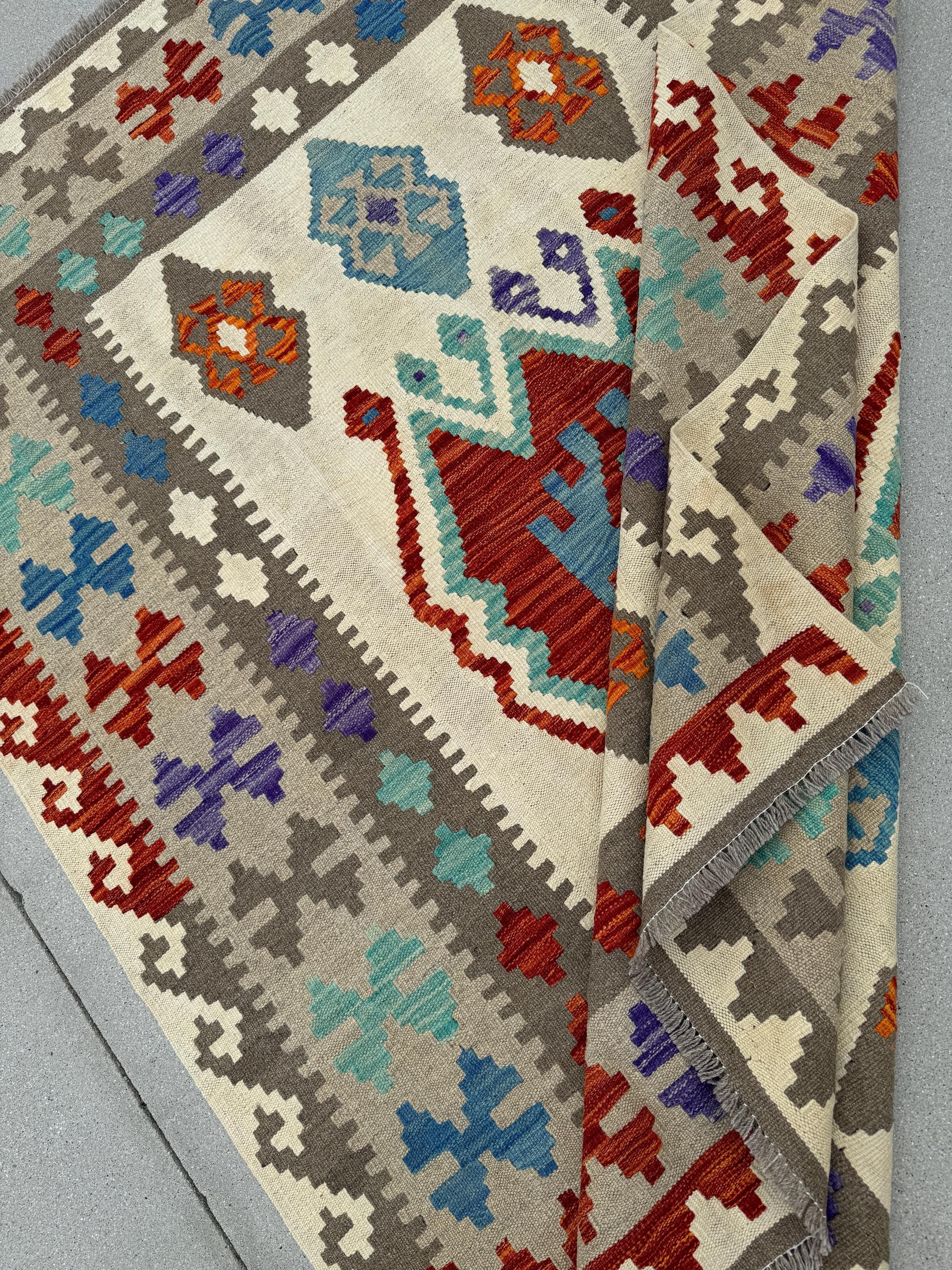 5x7 (150x200) Handmade Kilim Afghan Rug | Cream Khaki Ivory Tan Brown Burnt Orange Teal Denim Blue Purple Grey Gray | Flatweave Oushak Wool