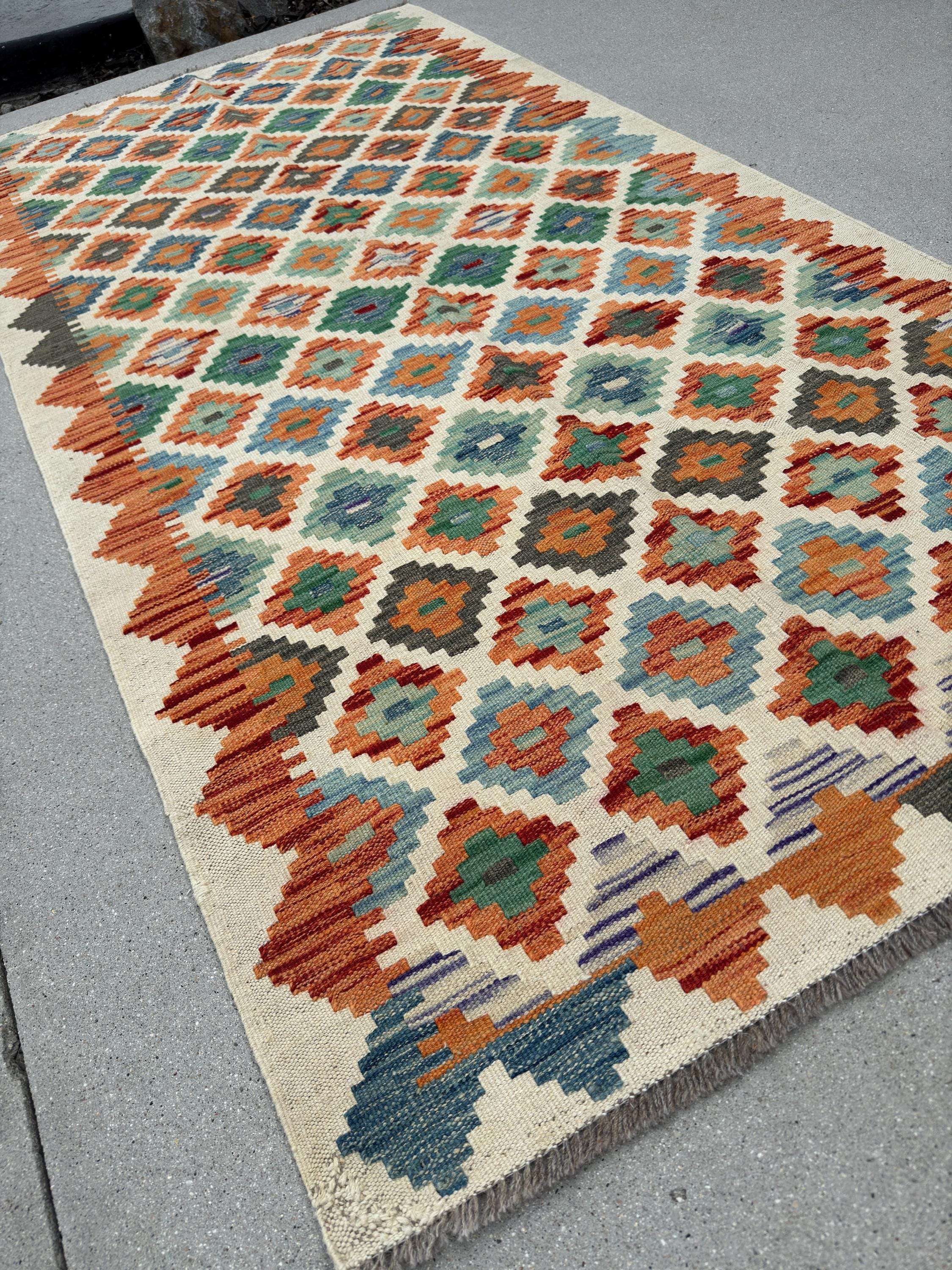 3x7 (100x200) Handmade Afghan Kilim Runner Rug | Cream Beige Olive Forest Green Teal Burnt Orange Denim Blue Grey Purple | Flatweave Wool