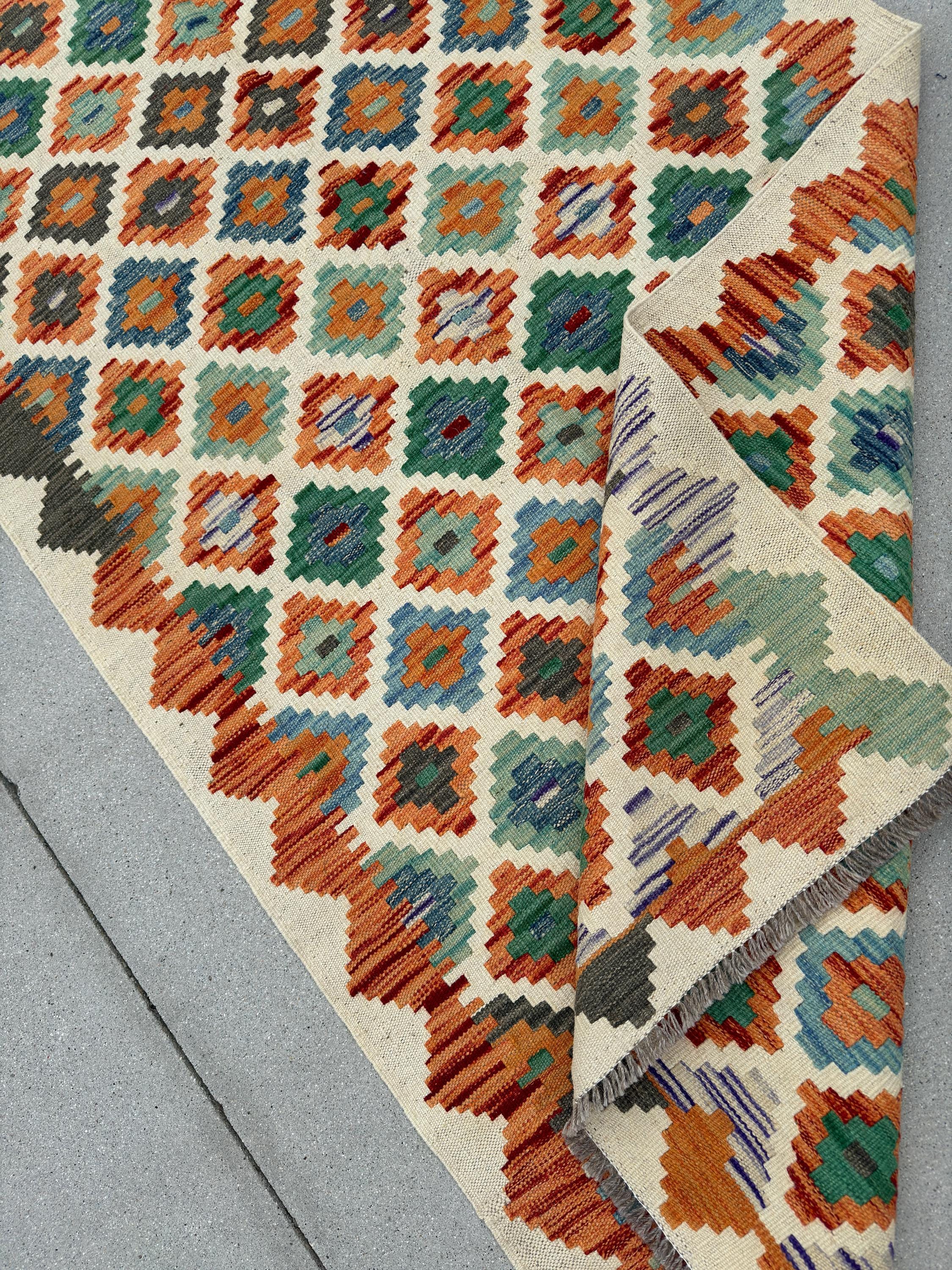 3x7 (100x200) Handmade Afghan Kilim Runner Rug | Cream Beige Olive Forest Green Teal Burnt Orange Denim Blue Grey Purple | Flatweave Wool