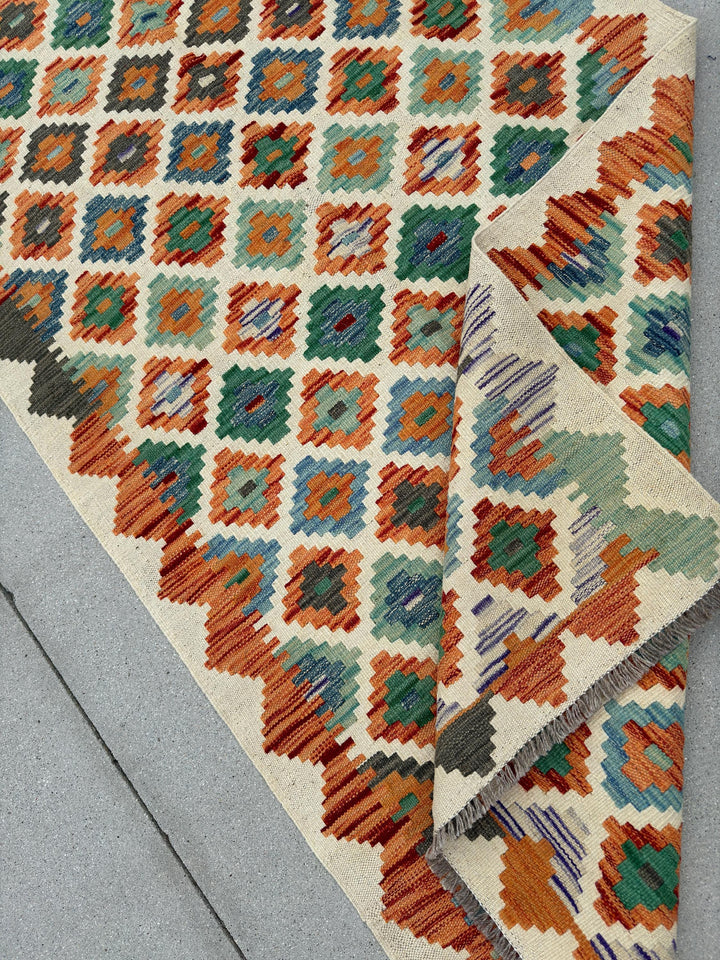 3x7 (100x200) Handmade Afghan Kilim Runner Rug | Cream Beige Olive Forest Green Teal Burnt Orange Denim Blue Grey Purple | Flatweave Wool