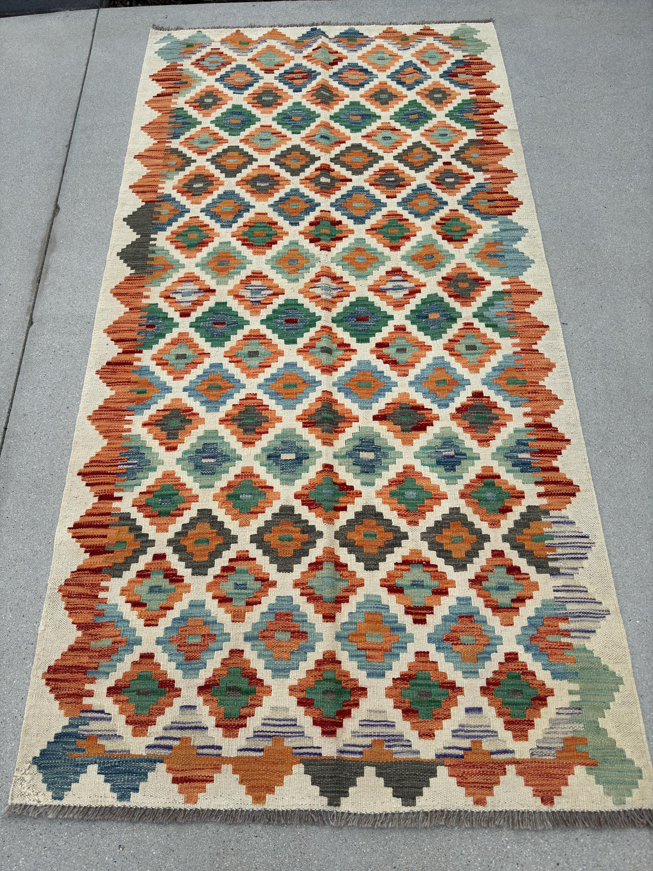3x7 (100x200) Handmade Afghan Kilim Runner Rug | Cream Beige Olive Forest Green Teal Burnt Orange Denim Blue Grey Purple | Flatweave Wool