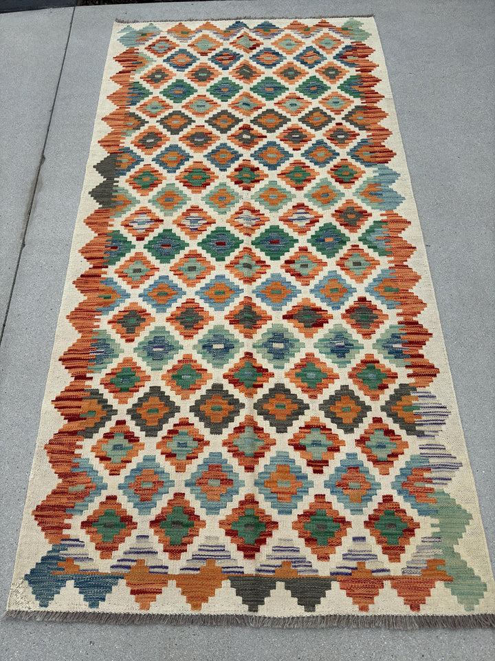 3x7 (100x200) Handmade Afghan Kilim Runner Rug | Cream Beige Olive Forest Green Teal Burnt Orange Denim Blue Grey Purple | Flatweave Wool