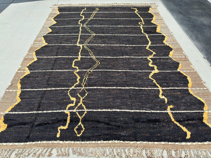 8x11 (240x330) Handmade Afghan Moroccan Rug | Black Tan Beige Sand Brown White Golden Yellow Ivory | Wool Plush Shag Hand Knotted Abstract