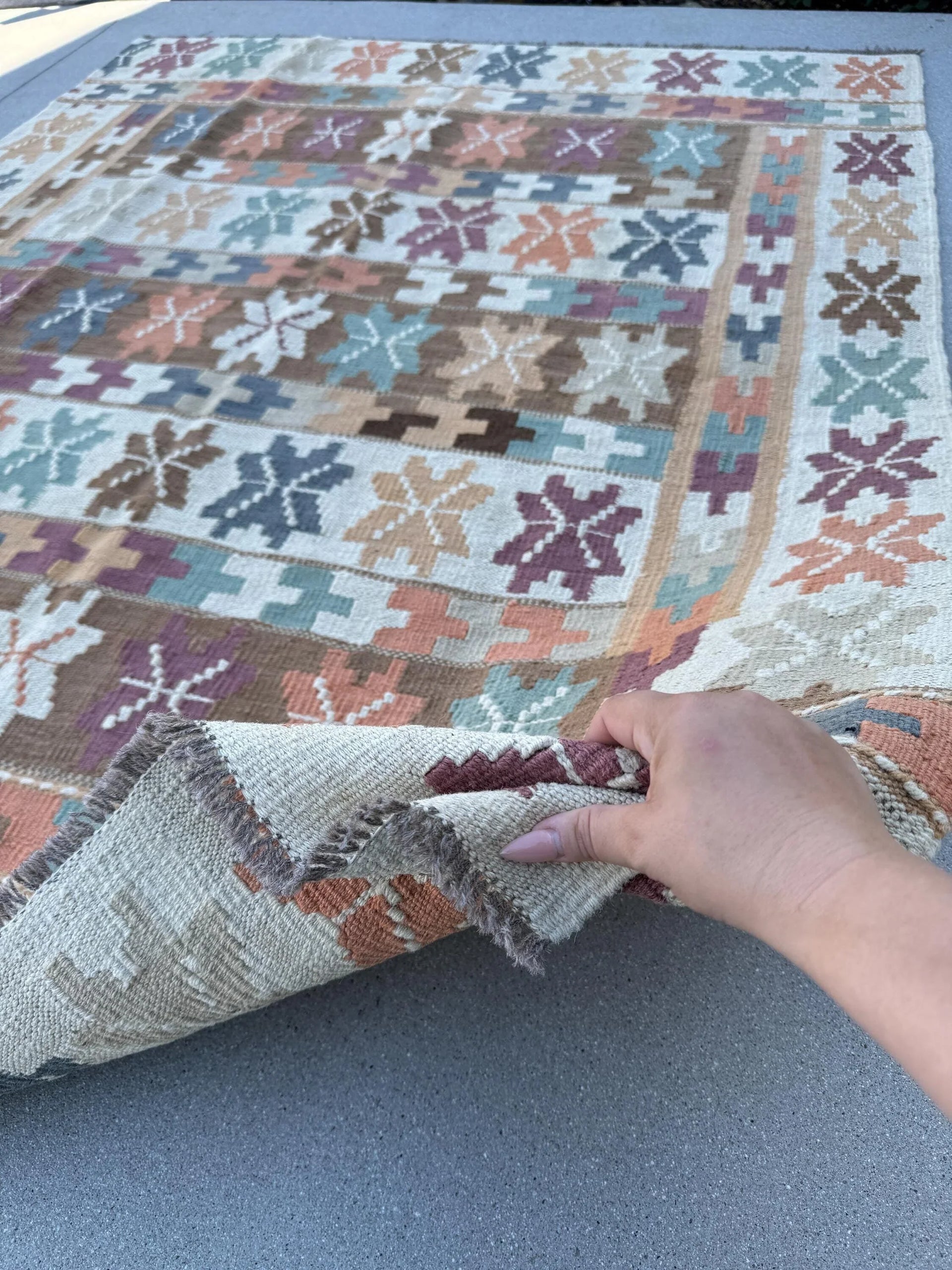 5x7 (150x200) Handmade Kilim Afghan Rug | Cream Khaki Ivory Tan Copper Chocolate Brown Teal Fire Pumpkin Orange Grey Gray | Flatweave Wool