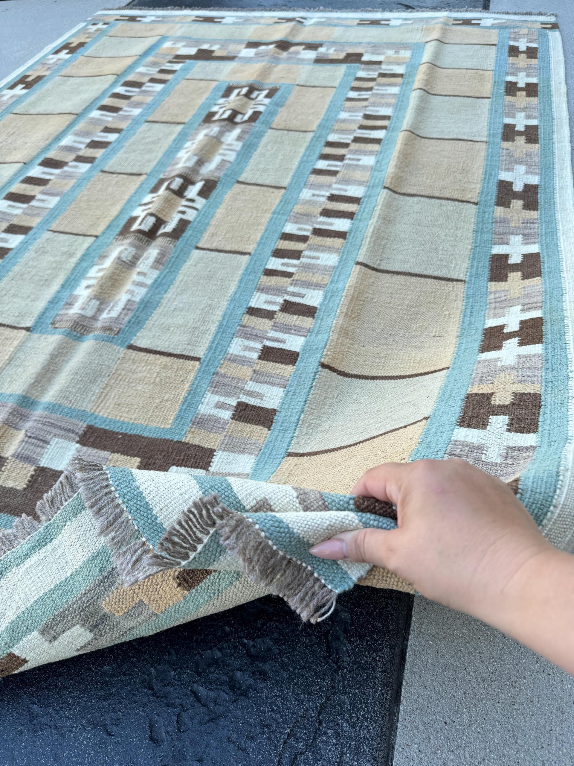 5x7 (150x200) Handmade Kilim Afghan Rug | Ivory White Teal Tan Copper Chocolate Brown Grey Gray | Flatweave Modern Outdoor Bohemian Wool