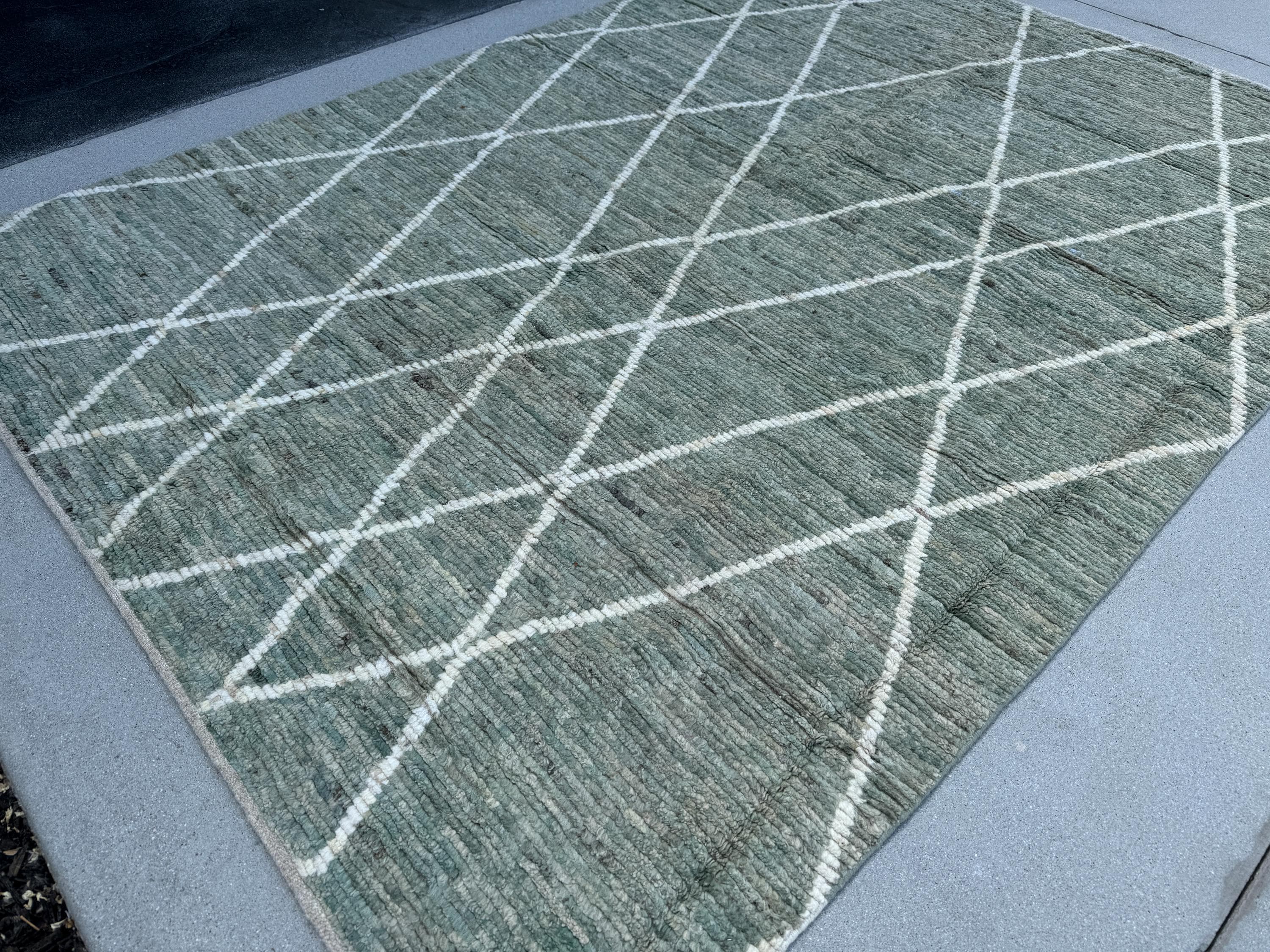 6-7x9 (198x274) Handmade Afghan Moroccan Rug | Sage Fern Green White Cream | Wool Hand Knotted Berber Beni Plush Wool Flokati Tufted